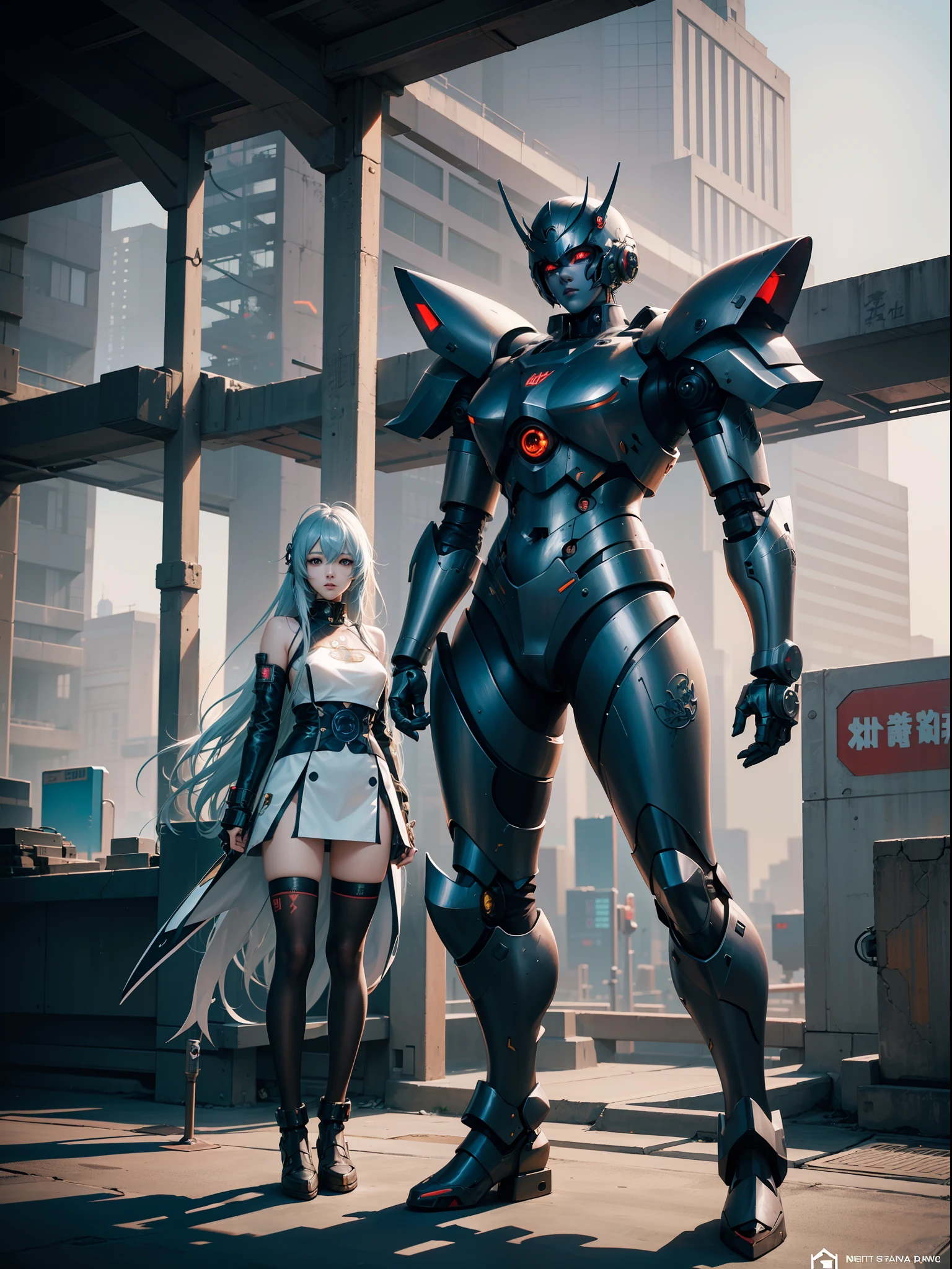 Anime girl in metal suit standing next to a giant robot, artwork in the style of guweiz, Cyberpunk anime girl mecha, Trending on CGSTATION, guweiz, By Russell Dongjun Lu, Digital Cyberpunk Anime Art, ross tran 8 k, guweiz on artstation pixiv, Girl in Mecha Cyber Armor