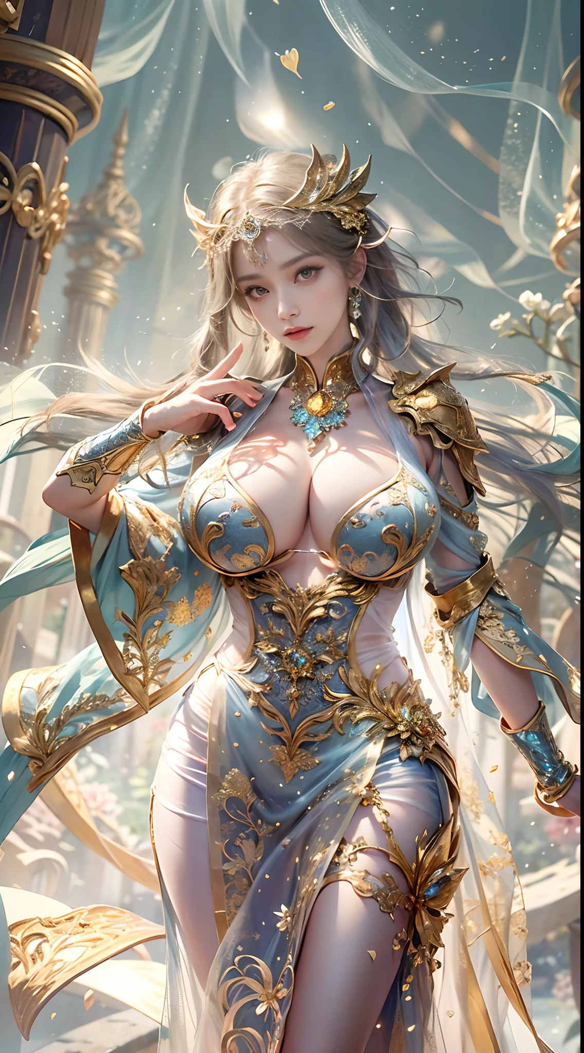 Woman in a golden transparent dress,view the viewer,(((Huge breasts, Large cleavage))),Slim waist,(navel baring,Bare waist), Long hair, Ultra-detailed details,High-end Zhenyi station, Rainstorm site, detailed fantasy art, Stunning character art, Beautiful and exquisite character art, Beautiful gold and silver armor, Extremely detailed, Girl in shiny armor, Exquisite tiaras and jewelry,Crystal jewelry filigree, milky ways, Stunning visuals, (dynamic streaks, light tracks:1.2), Vibrant colors,in a garden,mountains background