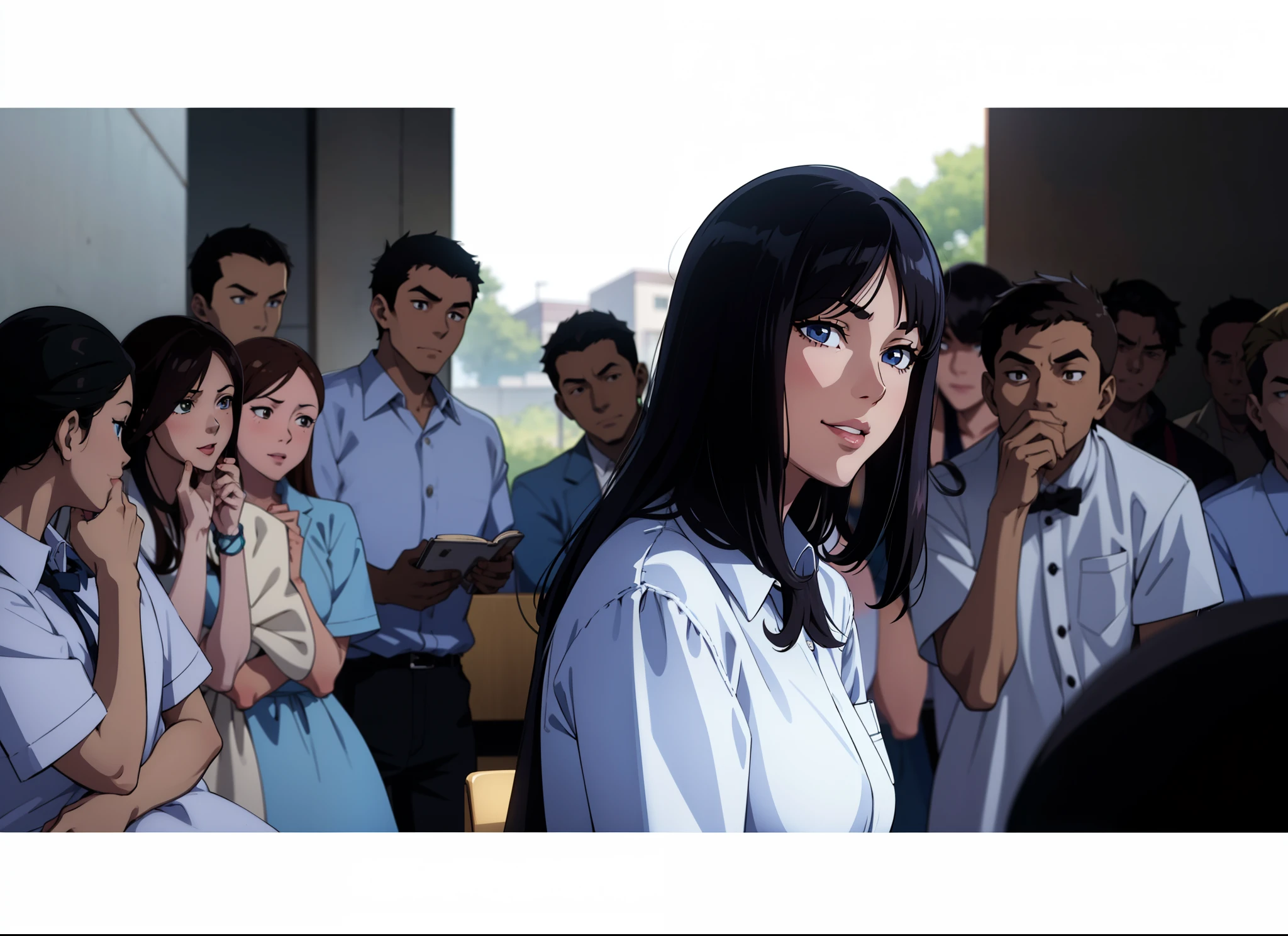 Anime scene, 1girl, highschool girl looking at camera evil smiling, gossiping student in the background