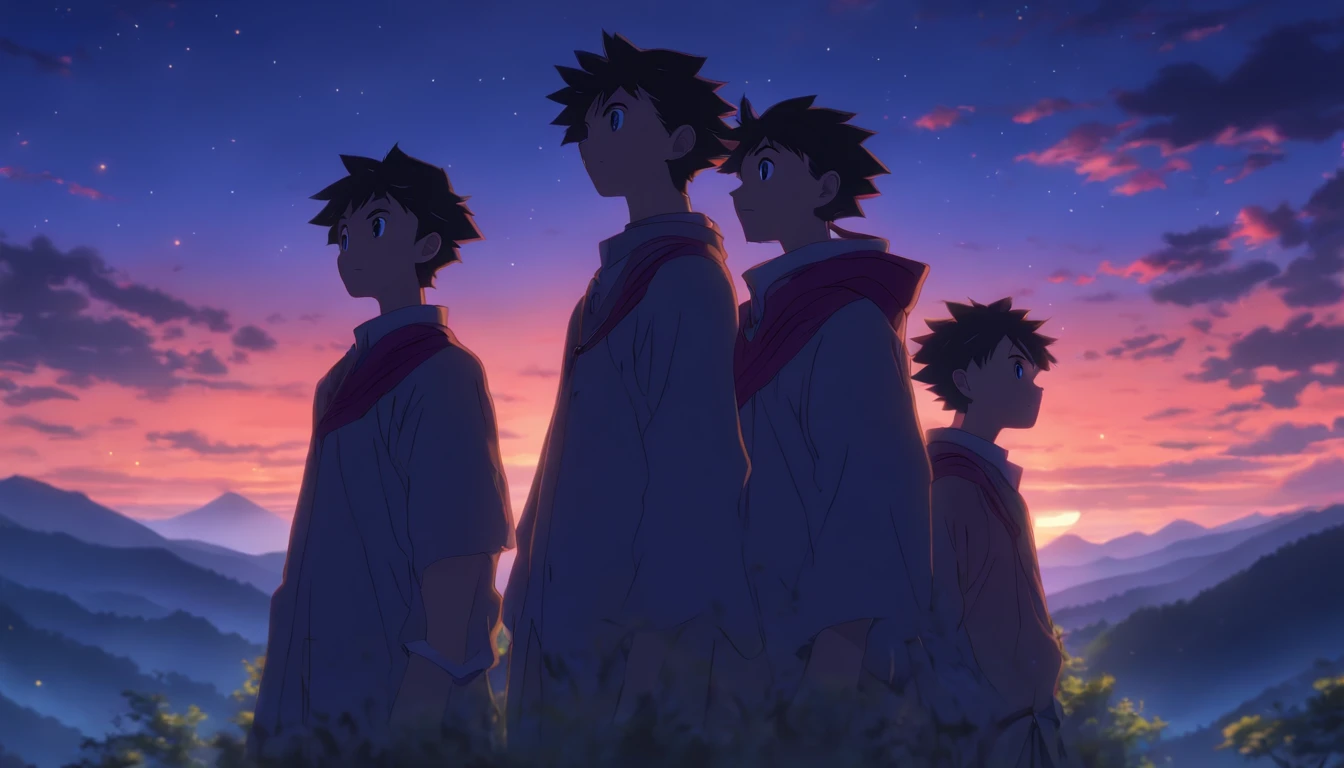 The three boys opened their eyes and、Standing in the quiet mountains at dusk again