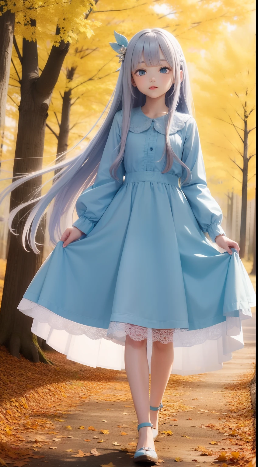 Pretty girl Light blue long hair Large in the center Take a walk with your puppy in the forest of autumn leaves Fairy tale background