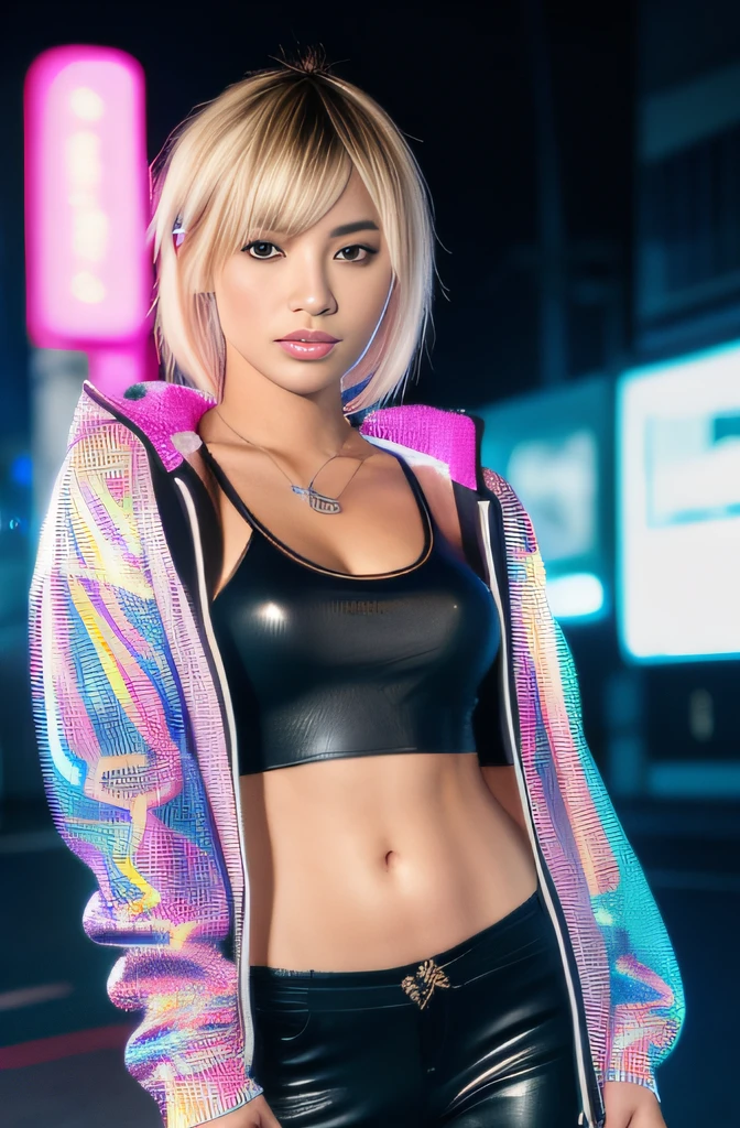 (masterpiece:1.2), ultra detailed, ultra high res, (realistic, photo realistic:1.37), high detail RAW color photo, professional photograph, an extremely delicate and beautiful, extremely detailed, Amazing, finely detail, extremely detailed beautiful girl, extremely detailed face, extremely detailed eyes, extremely detailed skin, extremely detailed fingers, extremely detailed nose, extremely detailed mouth, perfect anatomy, highly detailed background, (a famous actress of Japan:1.2), blond hair, ponytail, Tanned skin, (gal make:1.4), (gyaru:1.2), flat chest, Dynamic lighting, (cyberpunk:1.3), (cyberpunk city), neon sign, (hologram:1.2), full body, Zip-up hoodie, hood up, Leather pants, midriff peek, dynamic pose,