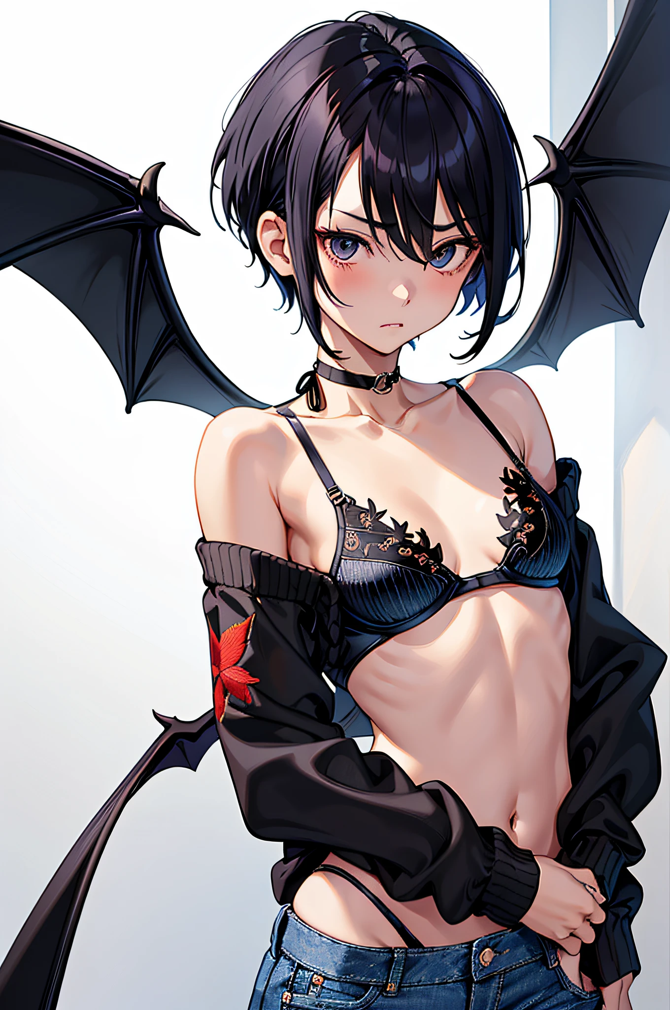 masterpiece、hightquality、1girl in、独奏、middlebreasts、short-hair、A slender、Cool、(hair between eye)、(00BFFE Pixie Cut)、Bat Wings、Disappointed face、Black bra、(Embroidered sweaters、Cropped flared jeans、maikurobikini)