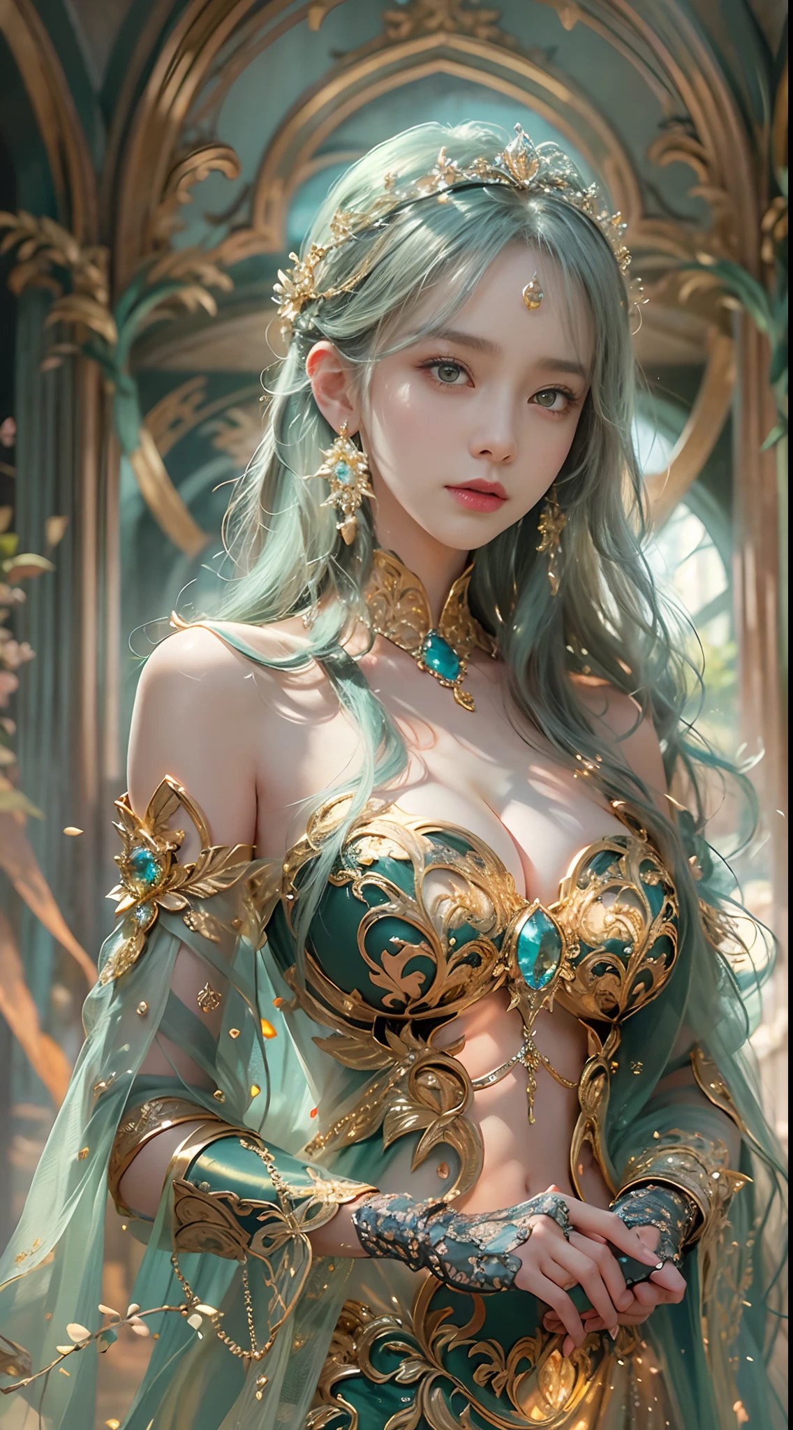 Woman in a golden transparent dress,view the viewer,(((Huge breasts, Large cleavage))),Slim waist,(navel baring,Bare waist), Long hair, Ultra-detailed details,High-end Zhenyi station, Rainstorm site, detailed fantasy art, Stunning character art, Beautiful and exquisite character art, Beautiful gold and silver armor, Extremely detailed, Girl in shiny armor, Exquisite tiaras and jewelry,Crystal jewelry filigree, milky ways, Stunning visuals, (dynamic streaks, light tracks:1.2), Vibrant colors,in a garden,mountains background