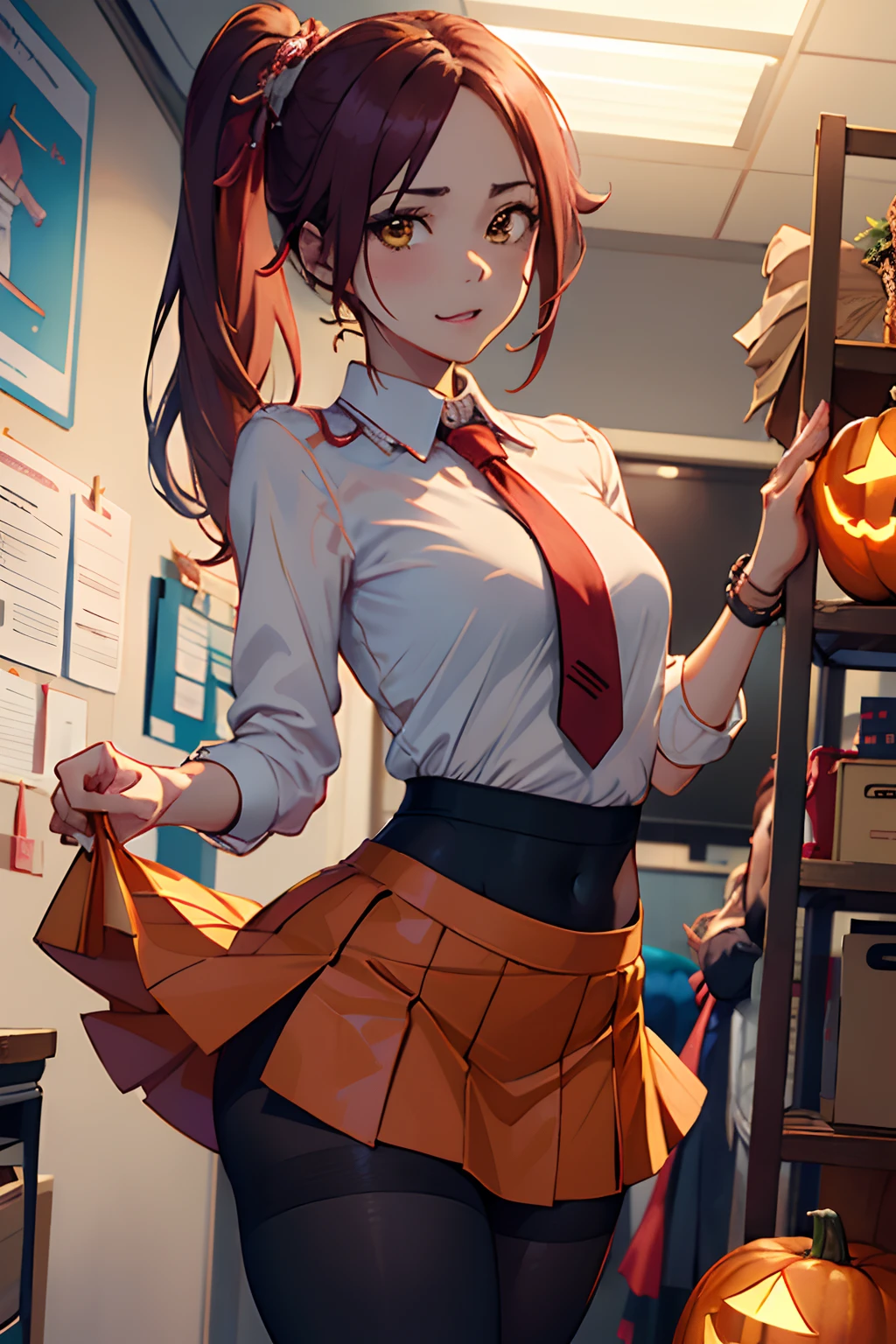 (​masterpiece、top-quality:1.2)、cowboy  shot、独奏、1girll、Shihoin Yoruichi、embarassed expression、see the beholder、(poneyTail)、((Office Worker))、(a miniskirt)、(pantyhose)、high-heels、fullmoon、Pumpkin Lantern、Brown-skinned、((lift up one's skirt))、(Red underwear)、blouse