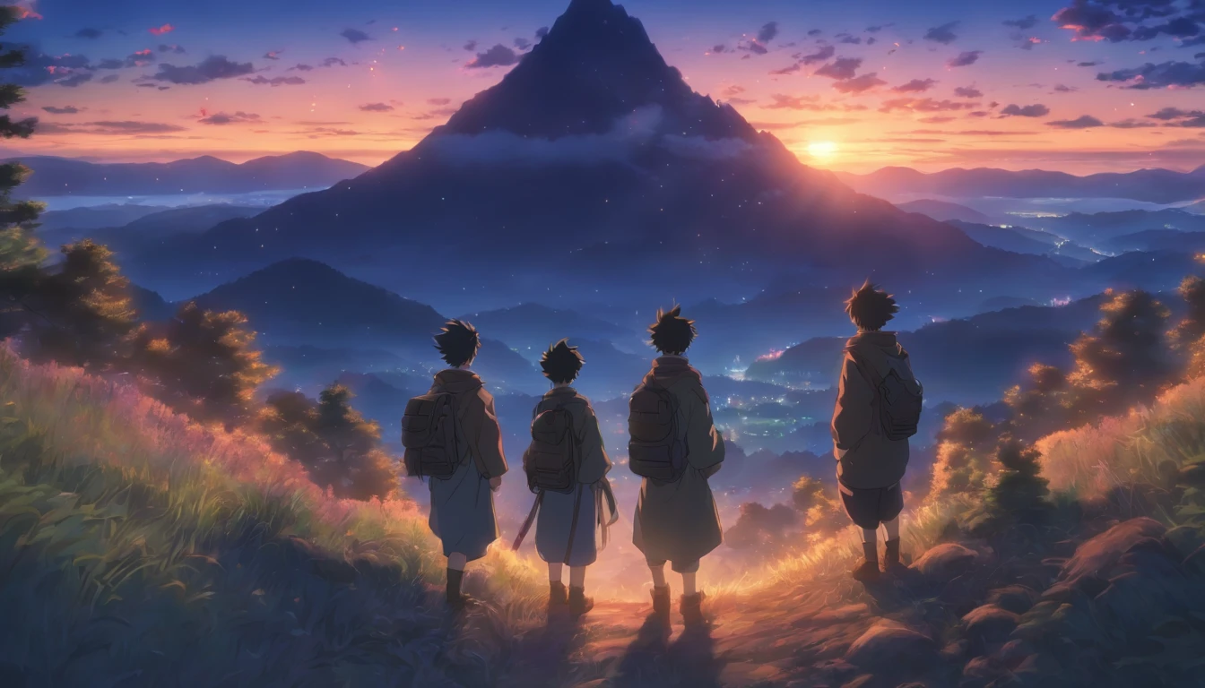 The three boys were、Standing in the quiet mountains at dusk again