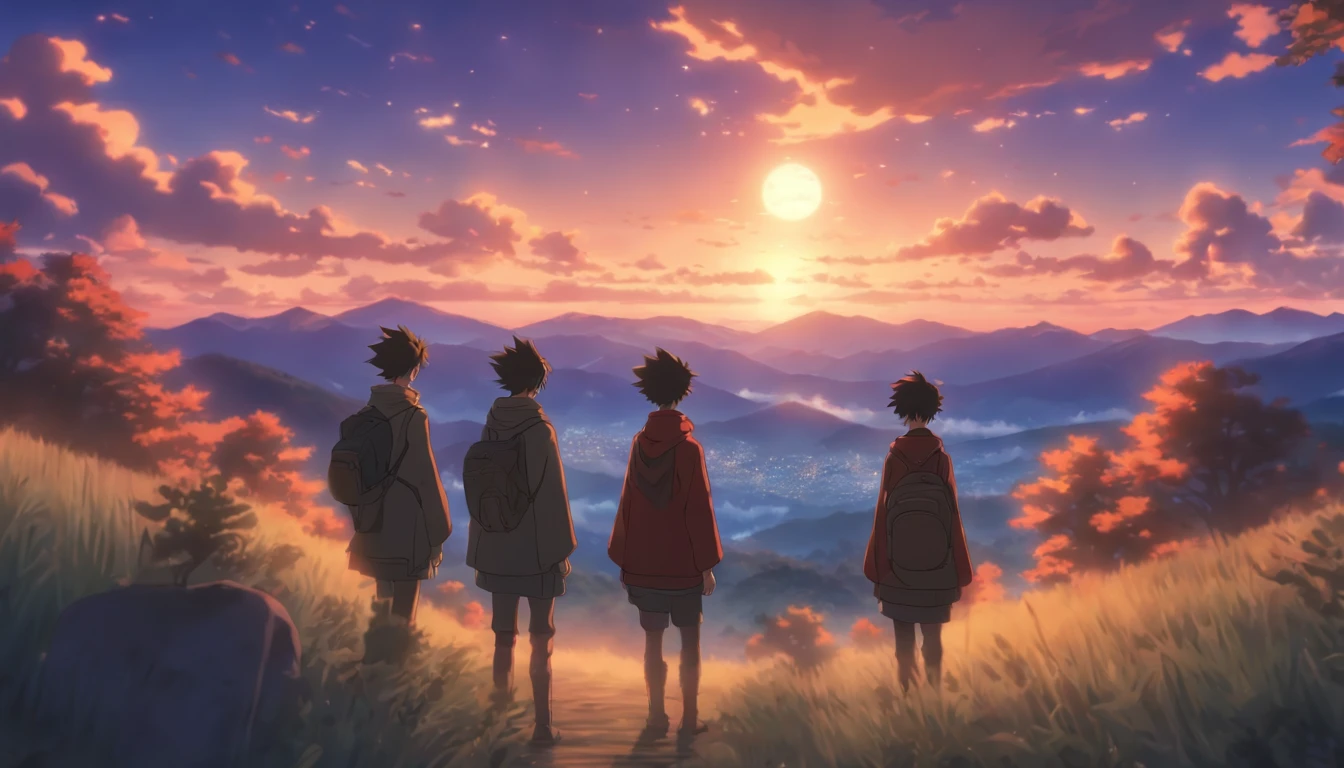 The three boys were、Standing in the quiet mountains at dusk again