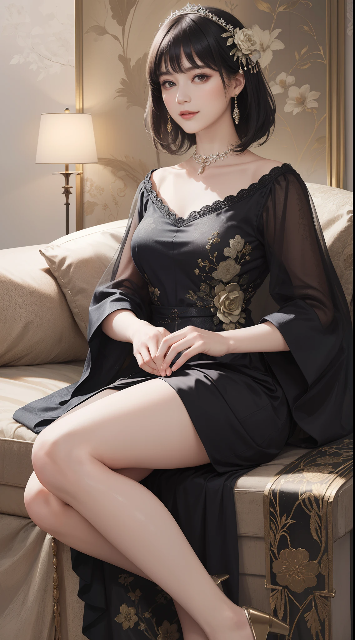 ((Best Quality))), (8K picture quality), ((Masterpiece)), (Very sophisticated、Beautiful fece), (wearing dresses) , (1womanl), (black-short-hair), Dress up, with floral pattern, Soft silk fabric, 电影灯光, Gentle facial expressions, A slight smil, full length, Luxurious interior
