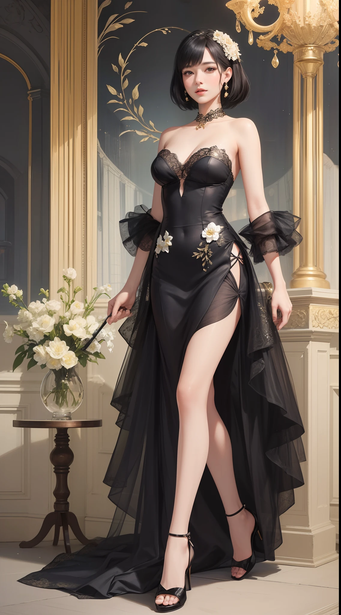 There is a woman in a corset standing in front of a mirror, delicate facial features, beautiful and seductive woman, medium chest, a mirror, exquisite details. Girl Front, Gothic Girl Girl, Thick Paint, 8K High Quality Detail Art, Guvez Style Art