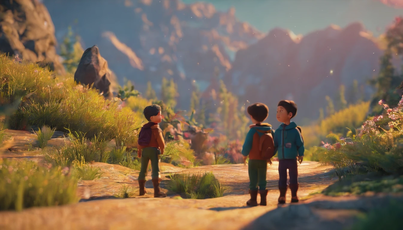 The three boys were、Standing in the quiet mountains at dusk again