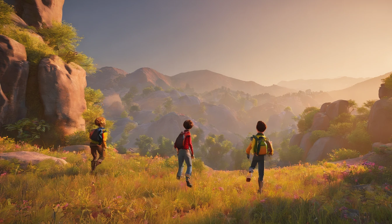 The three boys were、Standing in the quiet mountains at dusk again