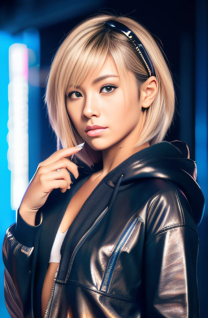 (masterpiece:1.2), ultra detailed, ultra high res, (realistic, photo realistic:1.37), high detail RAW color photo, professional photograph, an extremely delicate and beautiful, extremely detailed, Amazing, finely detail, extremely detailed beautiful girl, extremely detailed face, extremely detailed eyes, extremely detailed skin, extremely detailed fingers, extremely detailed nose, extremely detailed mouth, perfect anatomy, highly detailed background, (a famous actress of Japan:1.2), blond hair, shortcut hair, Tanned skin, (gal make:1.4), (gyaru:1.2), flat chest, Dynamic lighting, (cyberpunk:1.3), (cyberpunk city), neon sign, (hologram:1.2), full body, Zip-up hoodie, hood up, Leather pants, midriff peek, dynamic pose,