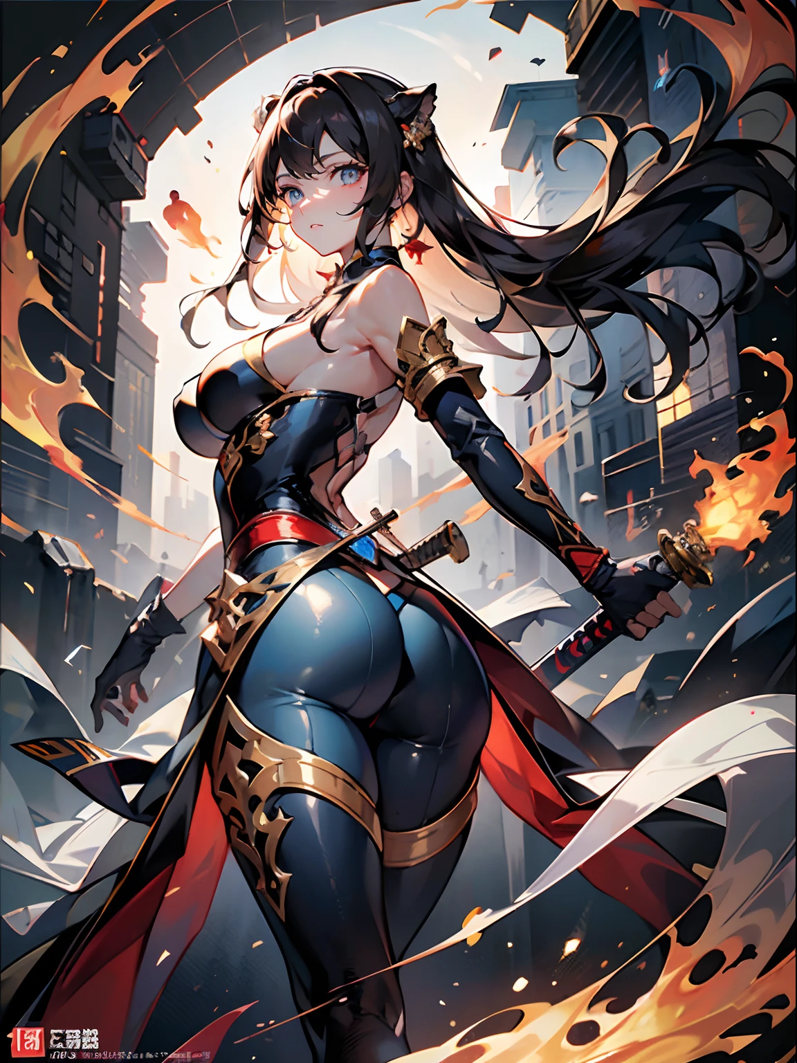 8K，tmasterpiece，best images quality， tmasterpiece， 超高分辨率， （Fidelity：1.4）Kizi，blue color eyes，Eyes with fire，Beautiful face,Beautiful eyes，Holding a dark red katana（The blade carries a roaring flame），（Translucent body，Reflex the skin），(((Masterpiece))), (((best qualityer))), ((Ultra-detailed)), (illustration), (detailed light), ((an extremely  delicate and beautiful))，The skin surface is smooth， (highdetailskin:1.2)，Proper body proportion、perfect anatomia，Intricate tights、Big breasts corset、tightsuit，（Clothes translucent）20yr old，The rear mech is ready，There are many blue flames around the figure