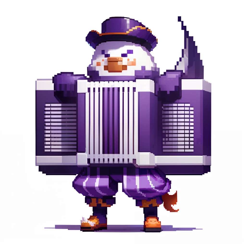 (独奏,Full body,Standing,pixels,Pixel art,silk hat,accordion,Purple suit),One cheerful man,(White background:1.4),( Clear lines, High Sharpness,Best Quality, Very detailed, masutepiece, Anime )