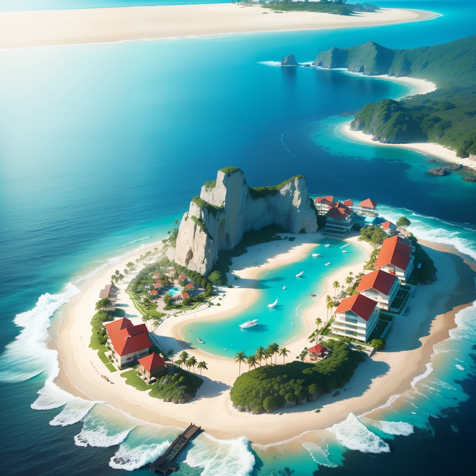 Create an island paradise, belezas naturais estonteantes, muita luz solar, redor im oceano azul cristalino, golfinhos nadando.