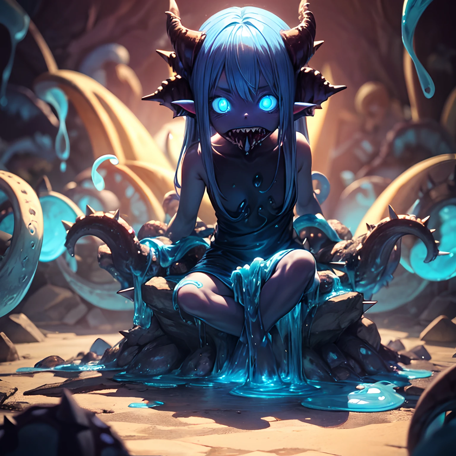 Cute tiny terrifying monster shoggoth-girl, made of blue slime, anthro, giant eyes, horns, sharp teeth, ((glowing tentacles and sharp spikes)), cute blue dress, sitting on stone, full body, close-up, in dark cave, detailed, intricate, anime style by Makoto Shinkai, 2.5d
