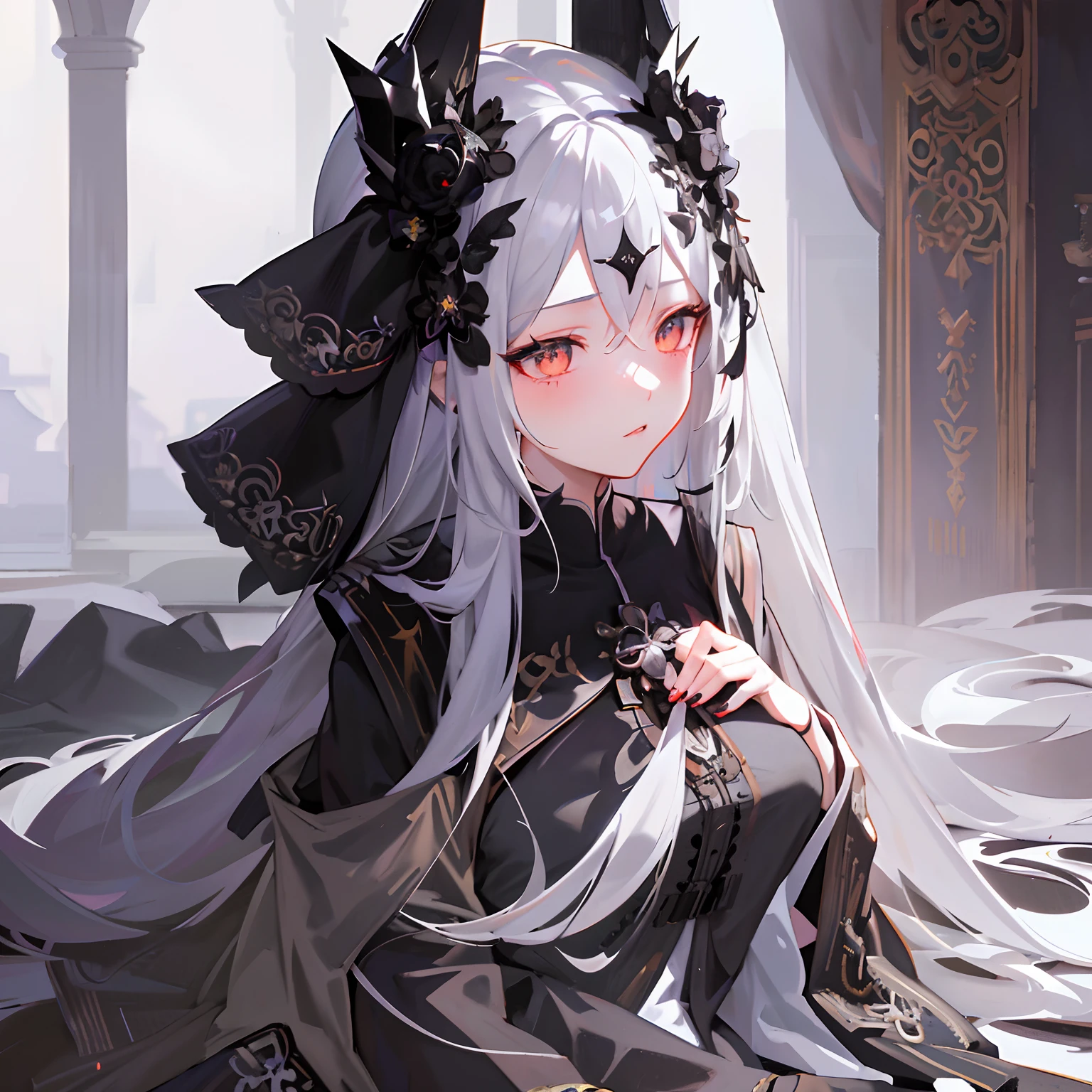 anime girl with long white hair and black dress sitting on a bed, guweiz on pixiv artstation, guweiz on artstation pixiv, from arknights, white haired deity, trending on artstation pixiv, artwork in the style of guweiz, guweiz, gothic maiden anime girl, best anime 4k konachan wallpaper