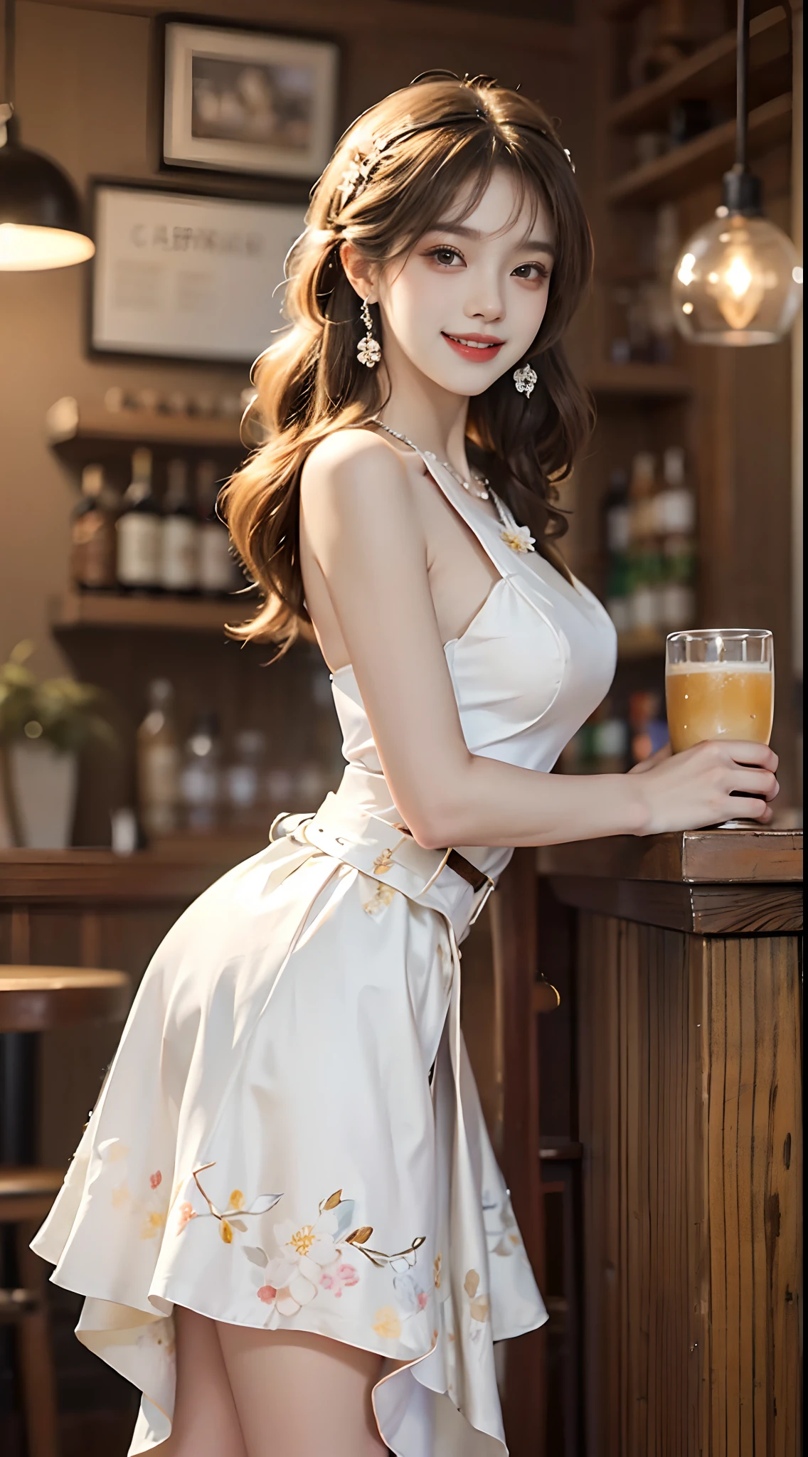 Exquisite, masterpiece, beautiful details, colorful, exquisite details, delicate lips, intricate details, large breasts, 1 female, (a beautiful 20-year-old cute Korean woman: 1.1), (kpop idol, Korean mixed), (50mm Sigma f /1.4 ZEISS lens, F1.4, 1/800s, ISO 100, photograpy: 1.1), (ponytail + brunette : 1.2), (photorealistic :1.4), (SPY:1.2), (Open White Shirt, classic blue skinny jeans, Christian Louboutin\(brand\),:1.3), earrings, necklace, armbands, (tavern, bar:1.2), (beautiful legs, tall women, skinny, slim_legs, thigh_gap, model:1.2), lens flare, seen from the front, (Happy Smile: 1.1), Dynamic Pose, (Makeup: 1.2), Standing,