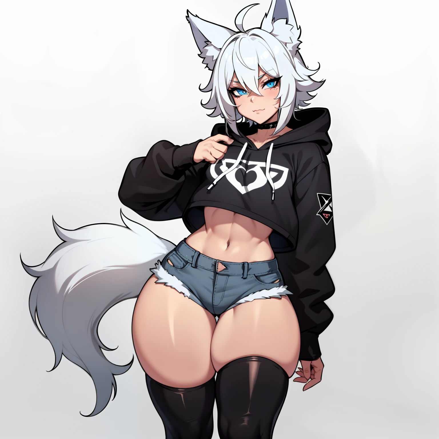Single boy, Anime Femboy, Short, Long white hair, wolf ears, wolf tail, blue eyes, wearing jean short shorts, thigh high socks, black combat boots, wearing cropped black hoodie, flat chest, super flat chest, solo femboy, only one femboy ((FLAT CHEST)), wide hips, thicc thighs, happy, nice butt, lobo written on hoodie,
