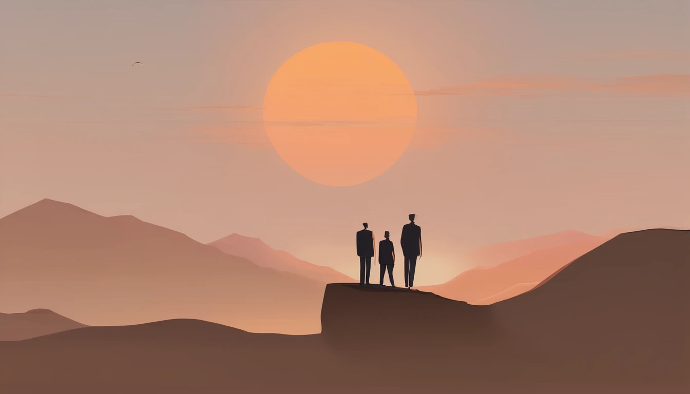 Boys standing in the quiet mountains at sunset