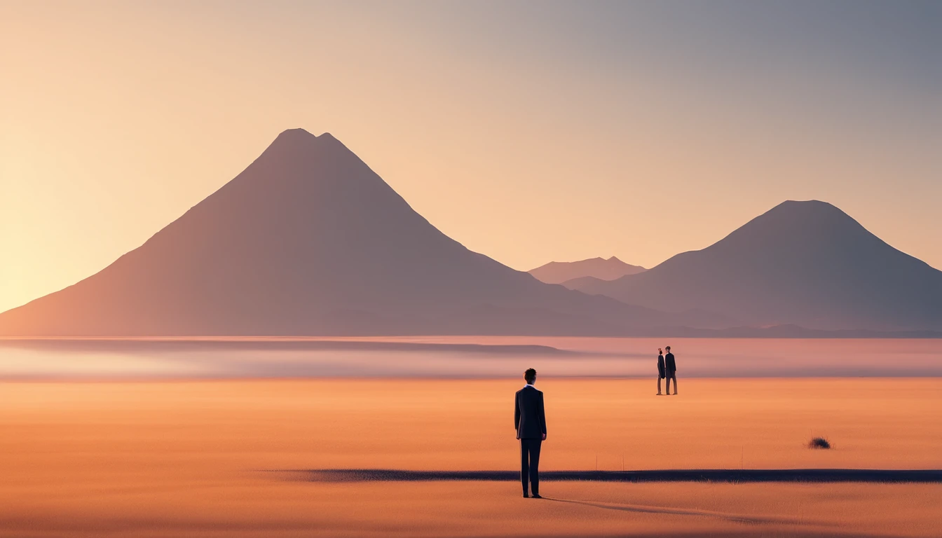 Boys standing in the quiet mountains at sunset