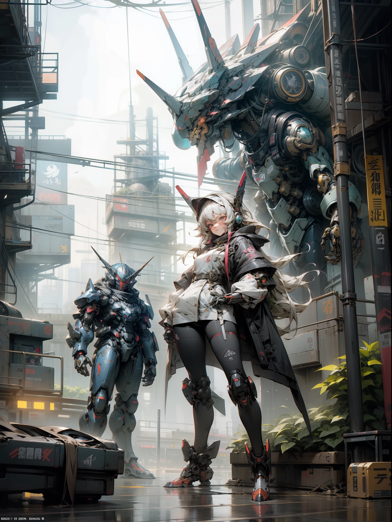 Anime girl in metal suit standing next to a giant robot, artwork in the style of guweiz, Cyberpunk anime girl mecha, Trending on CGSTATION, guweiz, By Russell Dongjun Lu, Digital Cyberpunk Anime Art, ross tran 8 k, guweiz on artstation pixiv, Girl in Mecha Cyber Armor