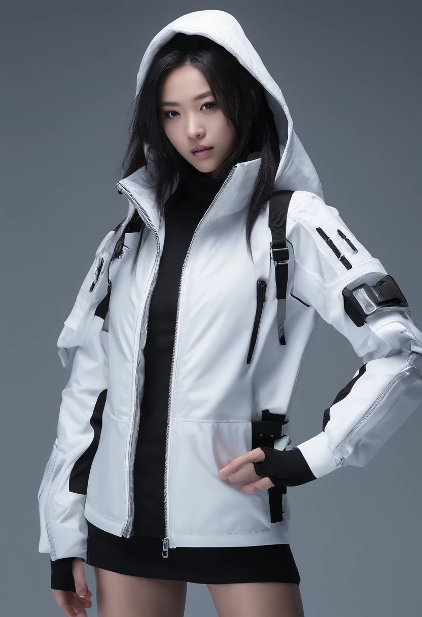 ((of the highest quality, 8K,RAW photo)), (Realistic, Photorealistic: 1.37), (Face focus: 1.1), Small breasts, Flat chest, Long hairs, A Japanese lady、18yr old、Japanese idol system、(White sports storm jacket: 1.1)、short skirt, standing on your feet, Frontal film lighting,facing at camera