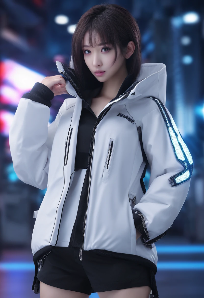 ((of the highest quality, 8K,RAW photo)), (Realistic, Photorealistic: 1.37), (Face focus: 1.1), Small breasts, Flat chest, Long hairs, A Japanese lady、18yr old、Japanese idol system、(White sports storm jacket: 1.1)、short  skirt, standing on your feet, Frontal film lighting，facing at camera