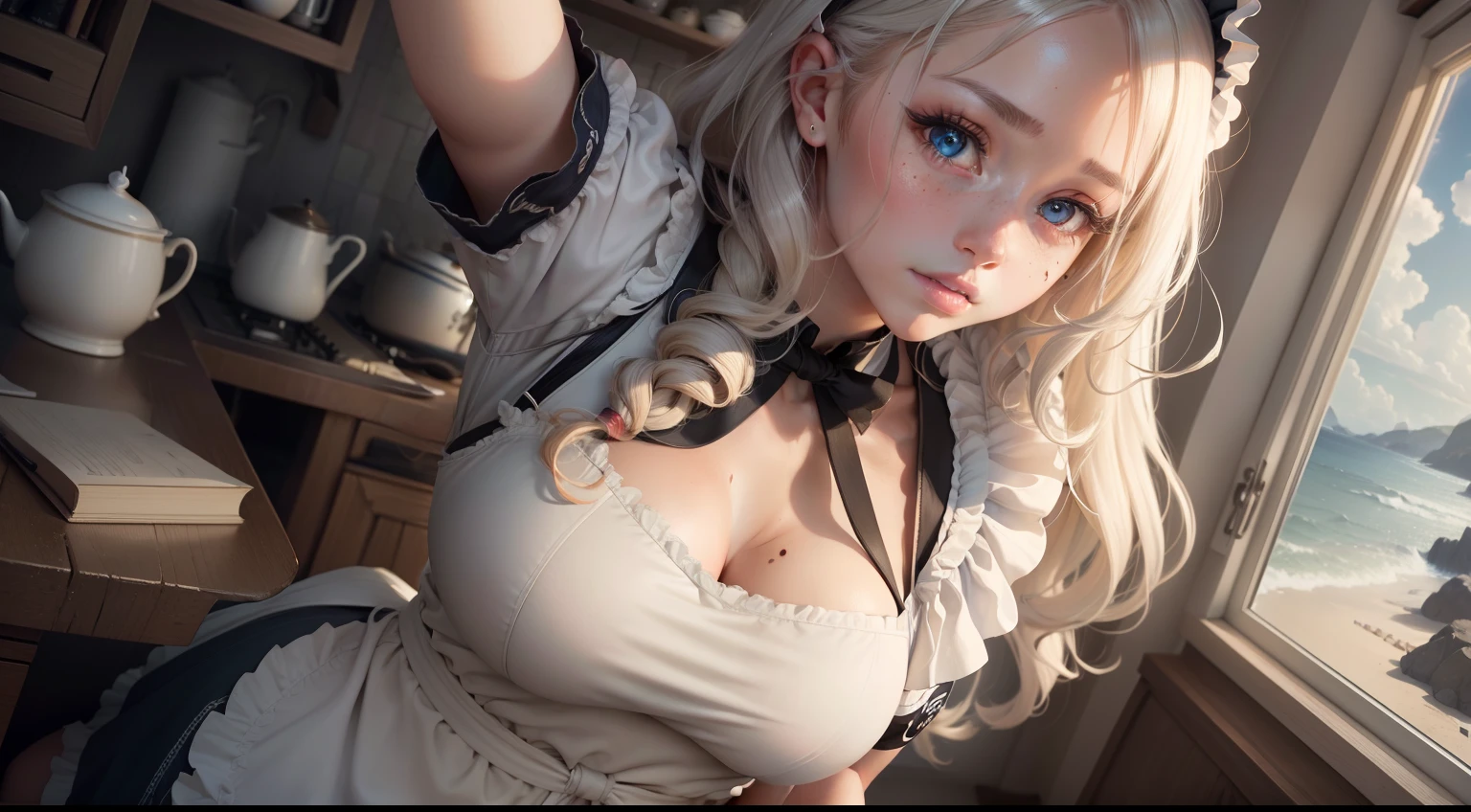 Meisterwerk, (realistisch), high-res, hochdetailliert, kompliziert, Beautiful women, rote Haare, blaue Augen, Sommersprossen, detailliertes Gesicht, maid outfit, looking at viewer, showing boobs, smile, huge boobs, in Cafe, serving you, lehnen, nude boobs, pink nipples, huge tits,