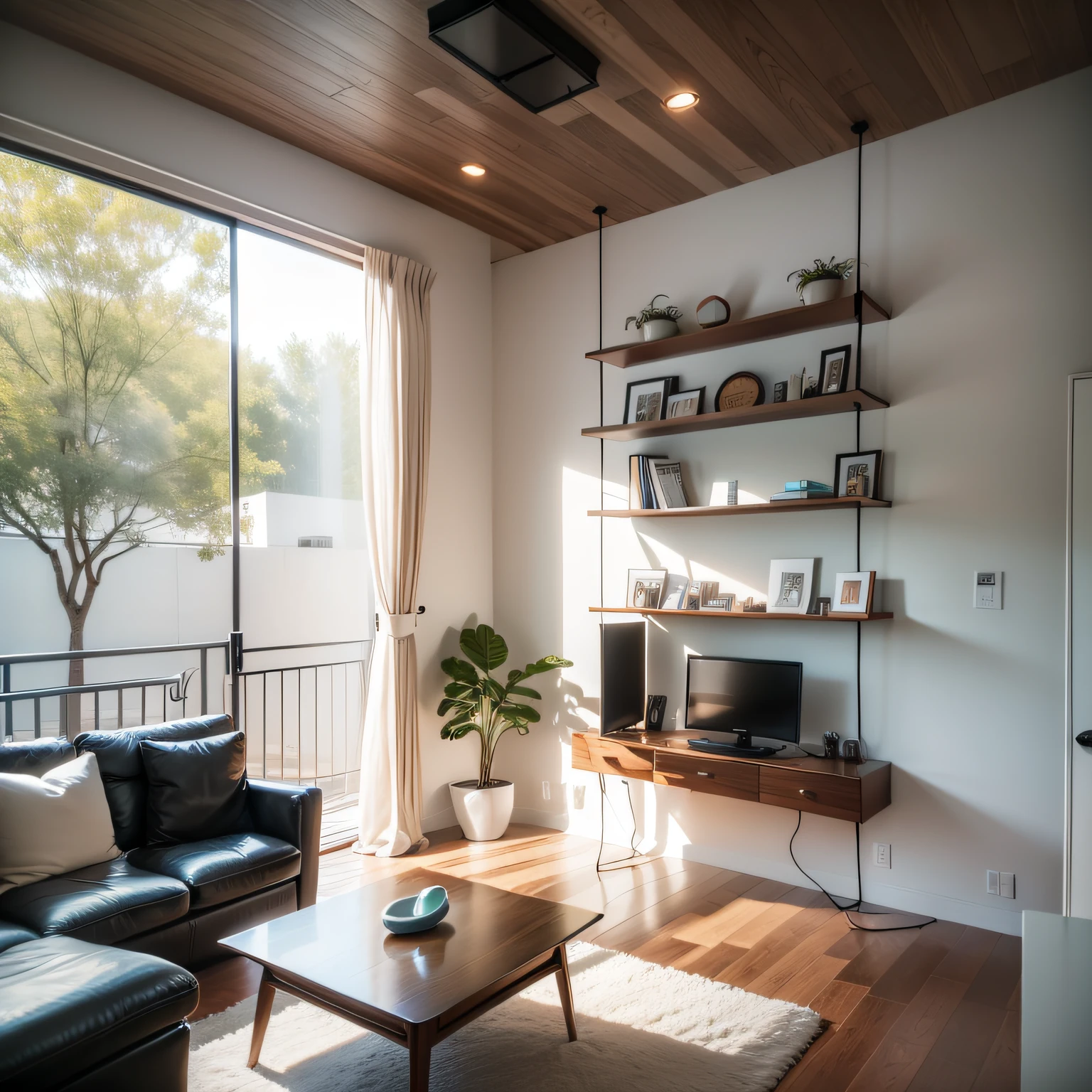 modern hangout room with Floating Shelves and Accent Wall