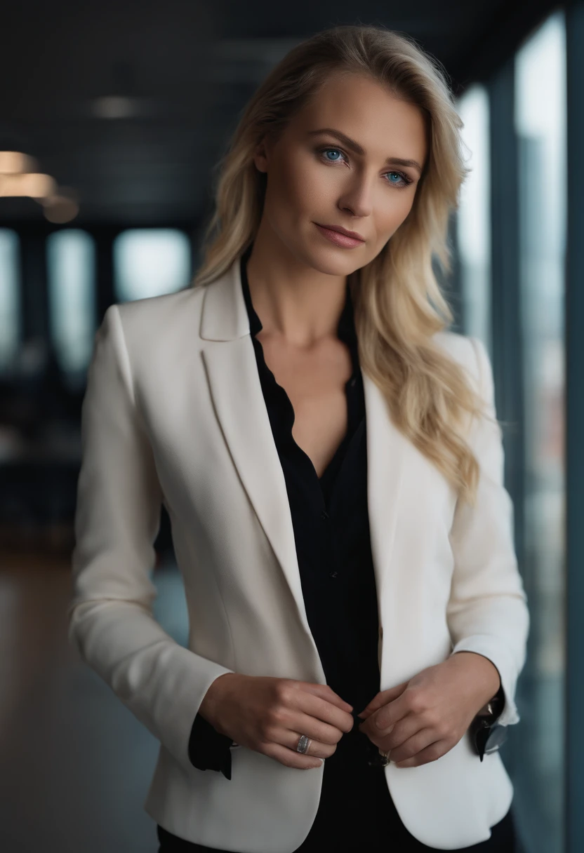 upper body shot of blonde blue eyed woman in a black blazer and black business pants standing in a office, business clothes, panoramic view of city, Raw photo, highly detailed skin ,8K UHD, dslr, soft lighting, high quality, film grain, Fujifilm XT3.