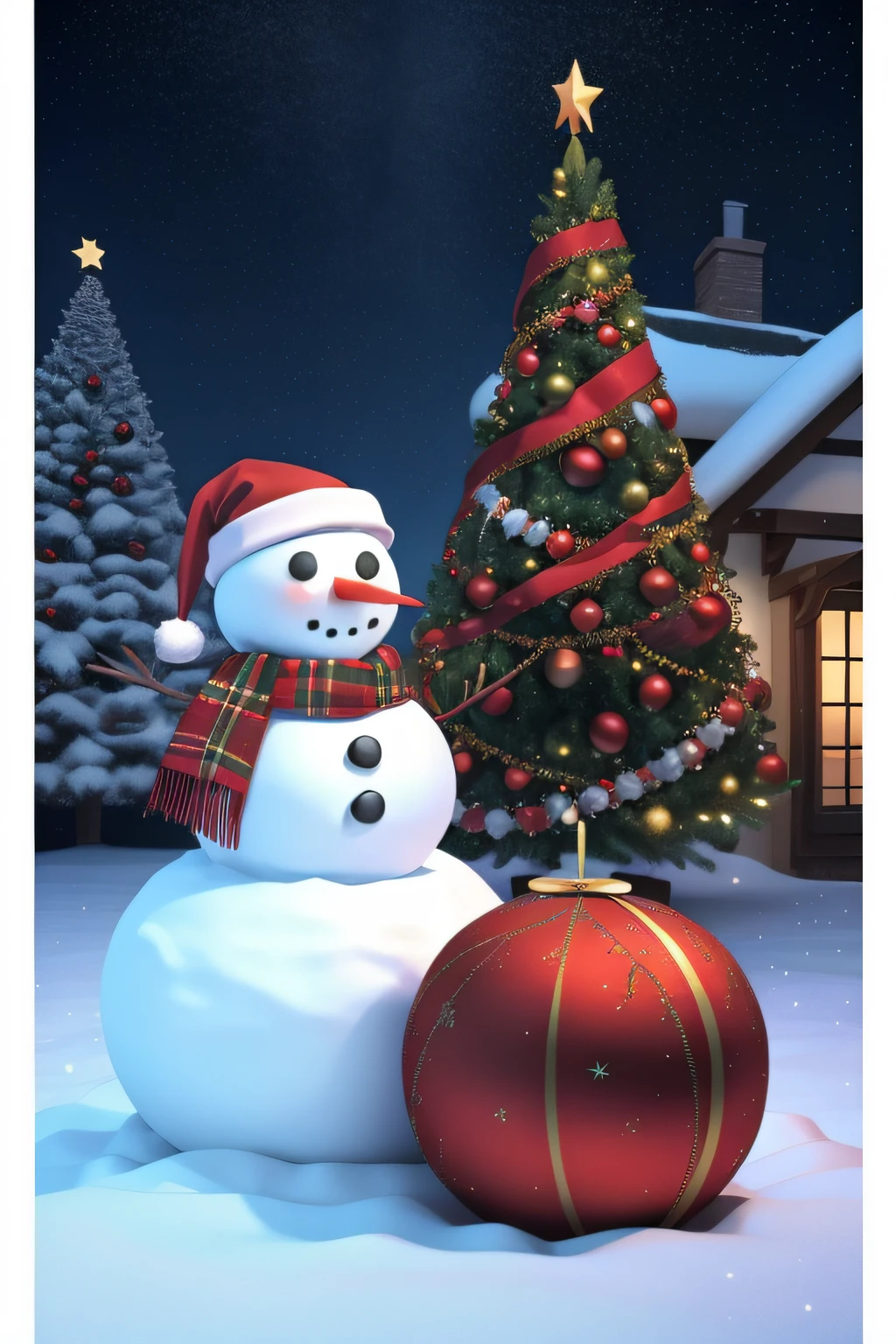 a 3D rendering of a Christmas scene with a round podium and Christmas decorations. The podium is covered in a colorful cloth, and there is a Christmas tree, a snowman, and several balls on top of the podium. The background is a light blue color, and there are stars scattered around the image.

The overall impression of the image is one of festive cheer. The cloth and Christmas decorations create a warm and inviting atmosphere. The snowman adds a touch of whimsy, and the stars in the background create a sense of magic. The image would be perfect for use as a Christmas greeting card or as a decoration for a Christmas tree.