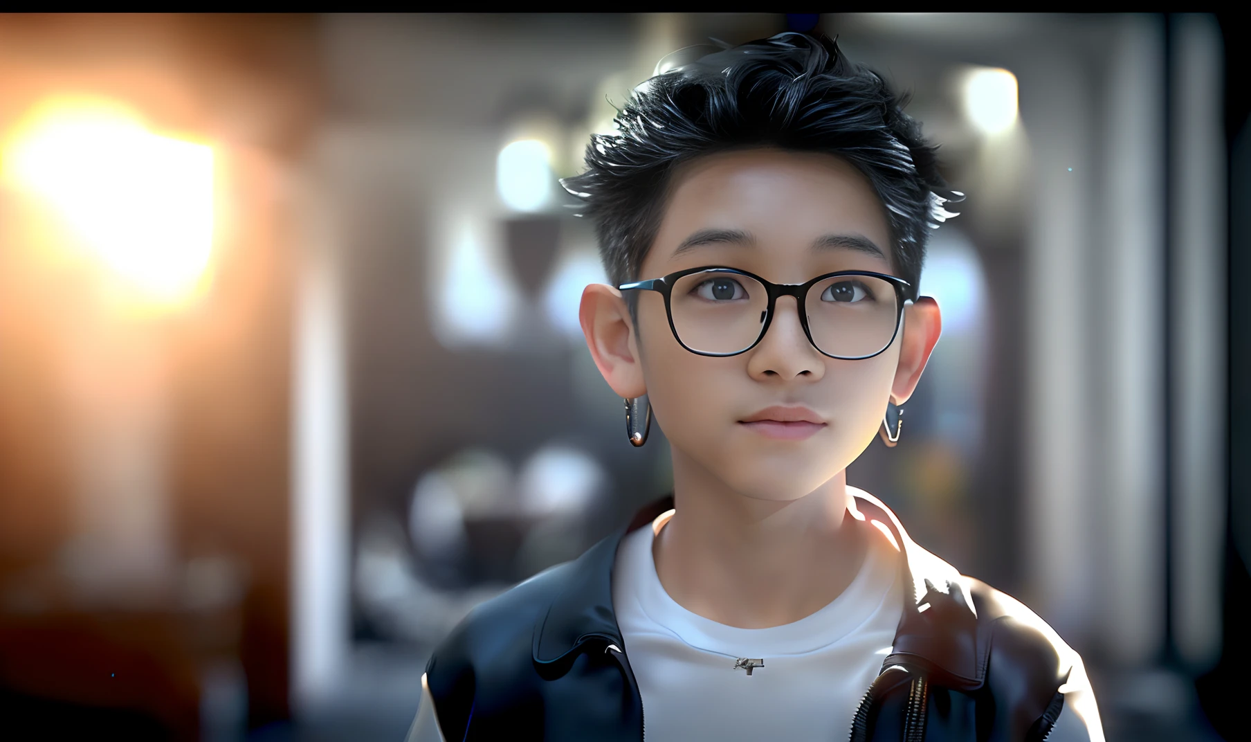 There was a boy with glasses and a white shirt, Personagem pequeno. Unreal Engine 5, Rendu portrait 8k, No earrings,akihiko yoshida. illusory engine, Realistic anime 3 D style, 3d character realistic, render in unreal engine 5, Guviz-style artwork, photorealistic art style, unreal engine character art, cinematic realistic portrait,inside in room,The lighting is gentle