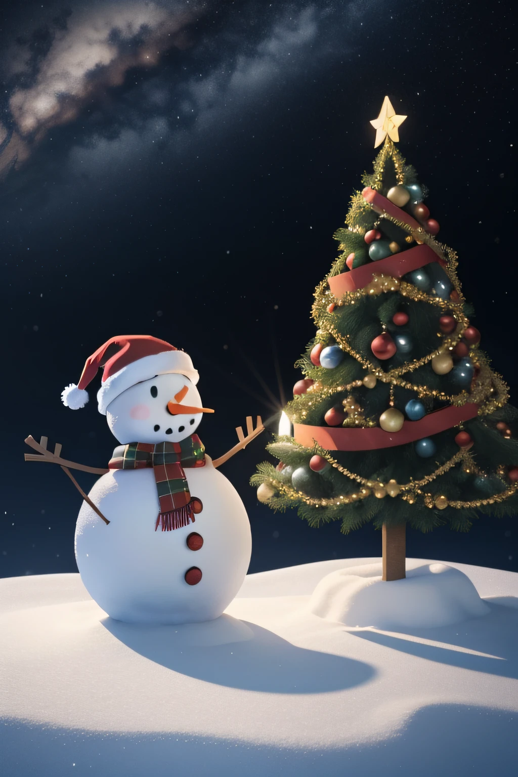 a 3D rendering of a Christmas scene with a round podium and Christmas decorations. The podium is covered in a colorful cloth, and there is a Christmas tree, a snowman, and several balls on top of the podium. The background is a light blue color, and there are stars scattered around the image.
The overall impression of the image is one of festive cheer. The cloth and Christmas decorations create a warm and inviting atmosphere. The snowman adds a touch of whimsy, and the stars in the background create a sense of magic. The image would be perfect for use as a Christmas greeting card or as a decoration for a Christmas tree.