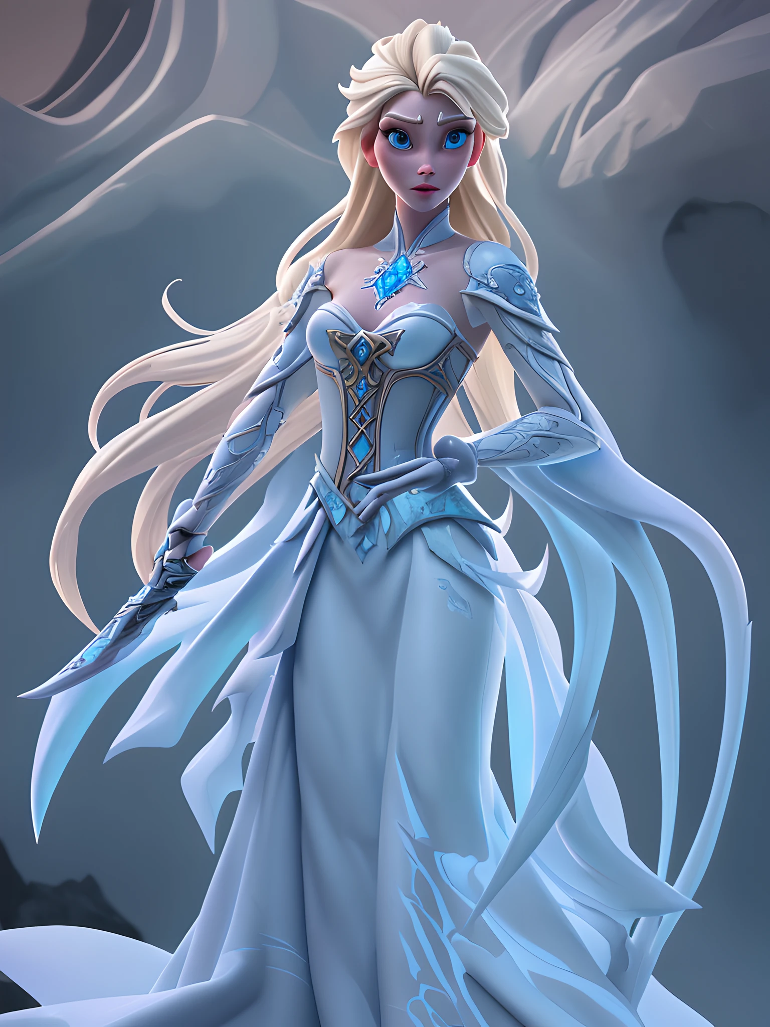 a 3D animation style model shot, fantasy art, of a Elsa from Frozen, a exquisite beautiful Elsa (masterpiece, extremely detailed, best quality), full body (masterpiece, extremely detailed, best quality), CM-Beautiful_armor wearing white heavy armor (masterpiece, extremely detailed, best quality), latex corset (masterpiece, extremely detailed, best quality), blue dress (masterpiece, extremely detailed, best quality) , holding a fantasy long sword fantasysword sword, pale skin, blond hair, long hair, blue eyes color, jewelry, Viking village background (masterpiece, extremely detailed, best quality), best realistic, best details, best quality, 16k, [ultra detailed], masterpiece, best quality, (extremely detailed), ultra wide shot, photorealism, depth of field, 3D animation rendering, zrpgstyle