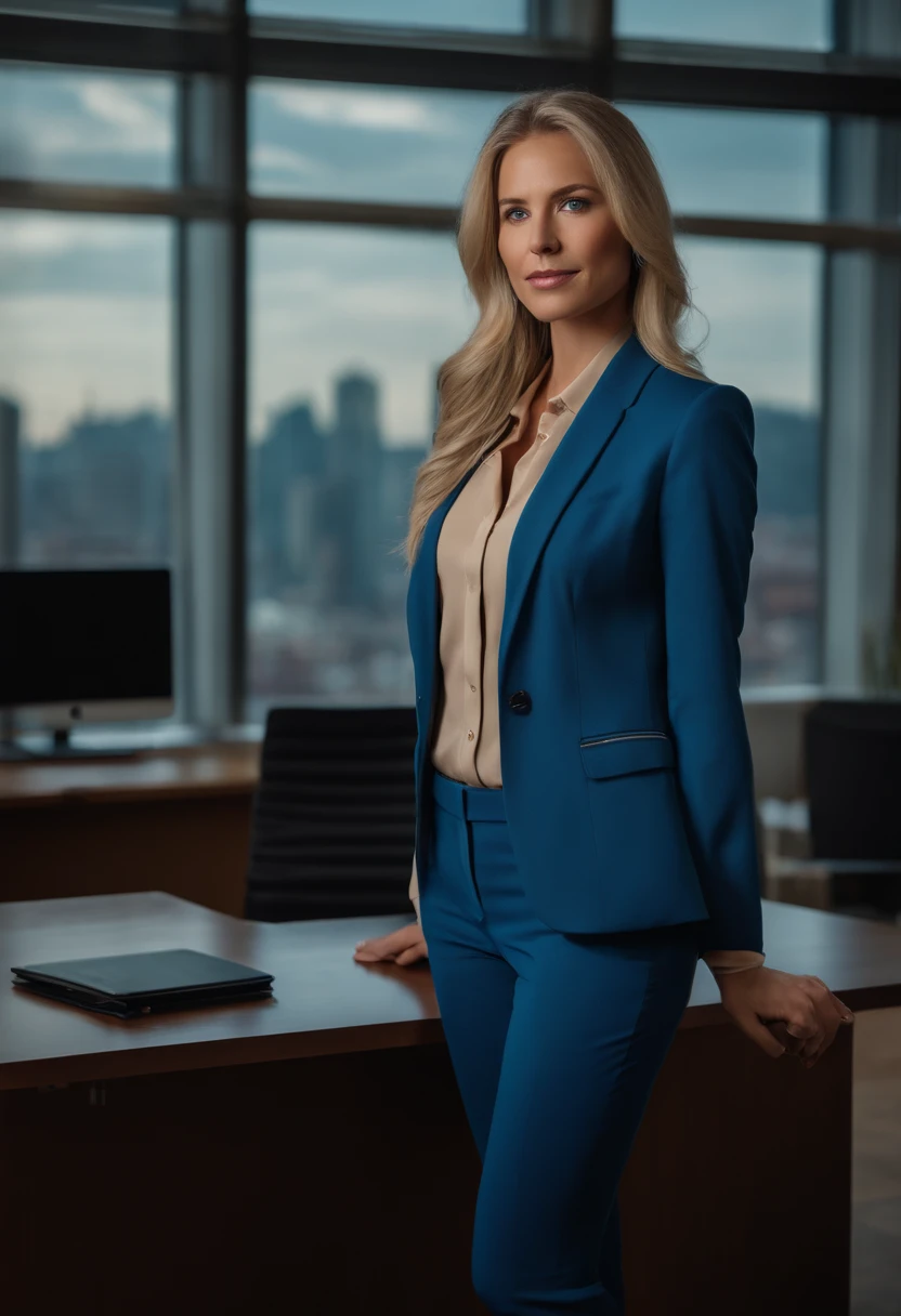 full body shot of blonde blue eyed woman in a blue blazer and beige business pants standing in front of a desk, business clothes, panoramic view of city, Raw photo, highly detailed skin ,8K UHD, dslr, soft lighting, high quality, film grain, Fujifilm XT3.