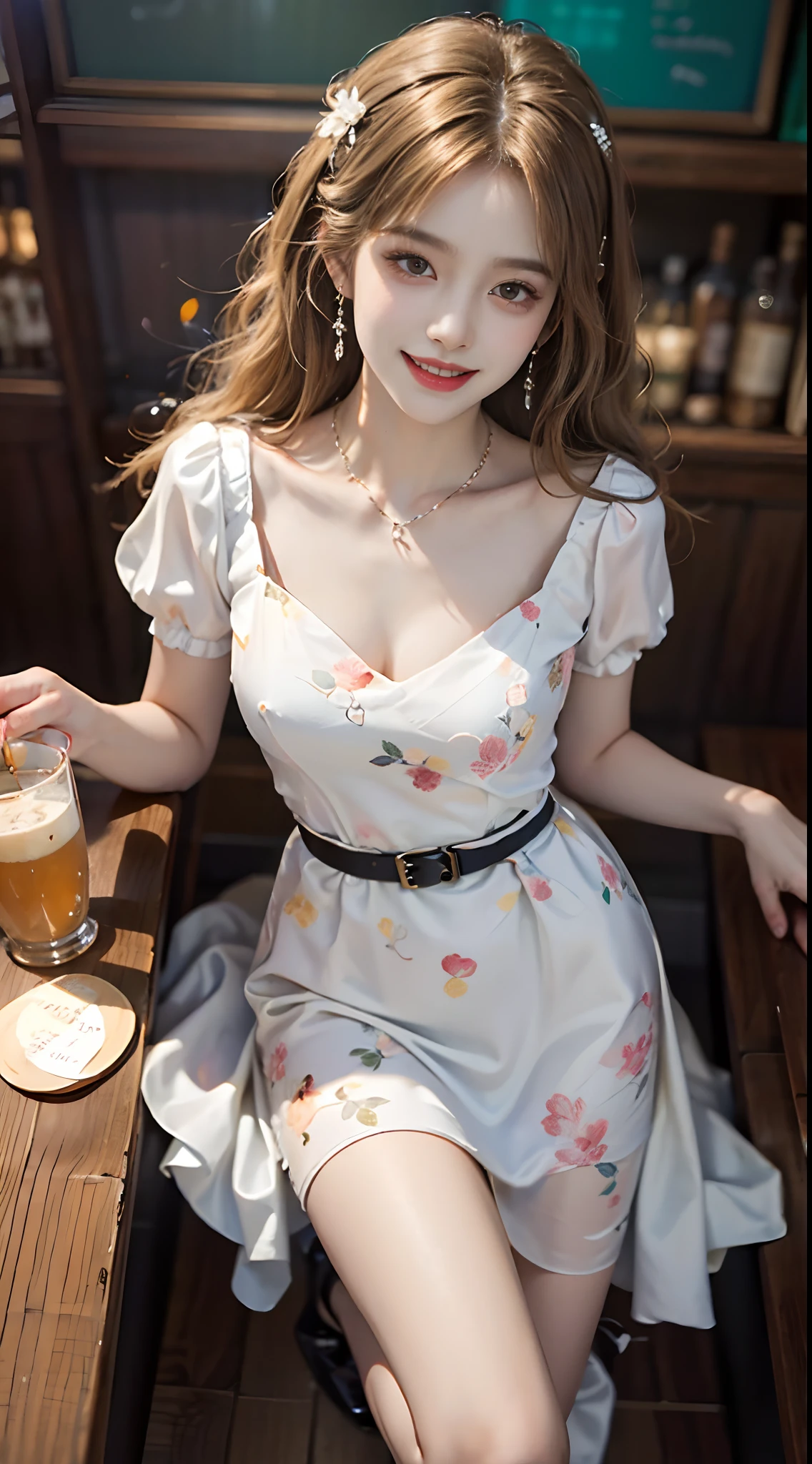 ((full body)), ((from above)), ((realistic)), 1 Asian female model, A young girl, (in a pub, Stand up, Cross ed leg, Leaning against the bar), Pleasing posture, Eye-catching poses, Nice long legs, Detailed scenes, curlies, Air bangs, Beautiful hair accessories, Brownish-yellow hair, light make-up, Blushlush, Gloss on lips, ((White floral silk dress, high-waist, Nice belt, high-heels)), ((warm lights, a warm color palette)), (Extremely high color saturation), Detailed details, ultra-detailliert, (tmasterpiece, best qualtiy), (An extremely delicate and beautiful work), Delicate earrings, Delicate necklace, Simple blurred background, Extreme detail description, Ultra-fine painting, Delicate face, slim toned body, Slimming the waist, (grin, happy grin, Baring teeth), (anatomy correct)