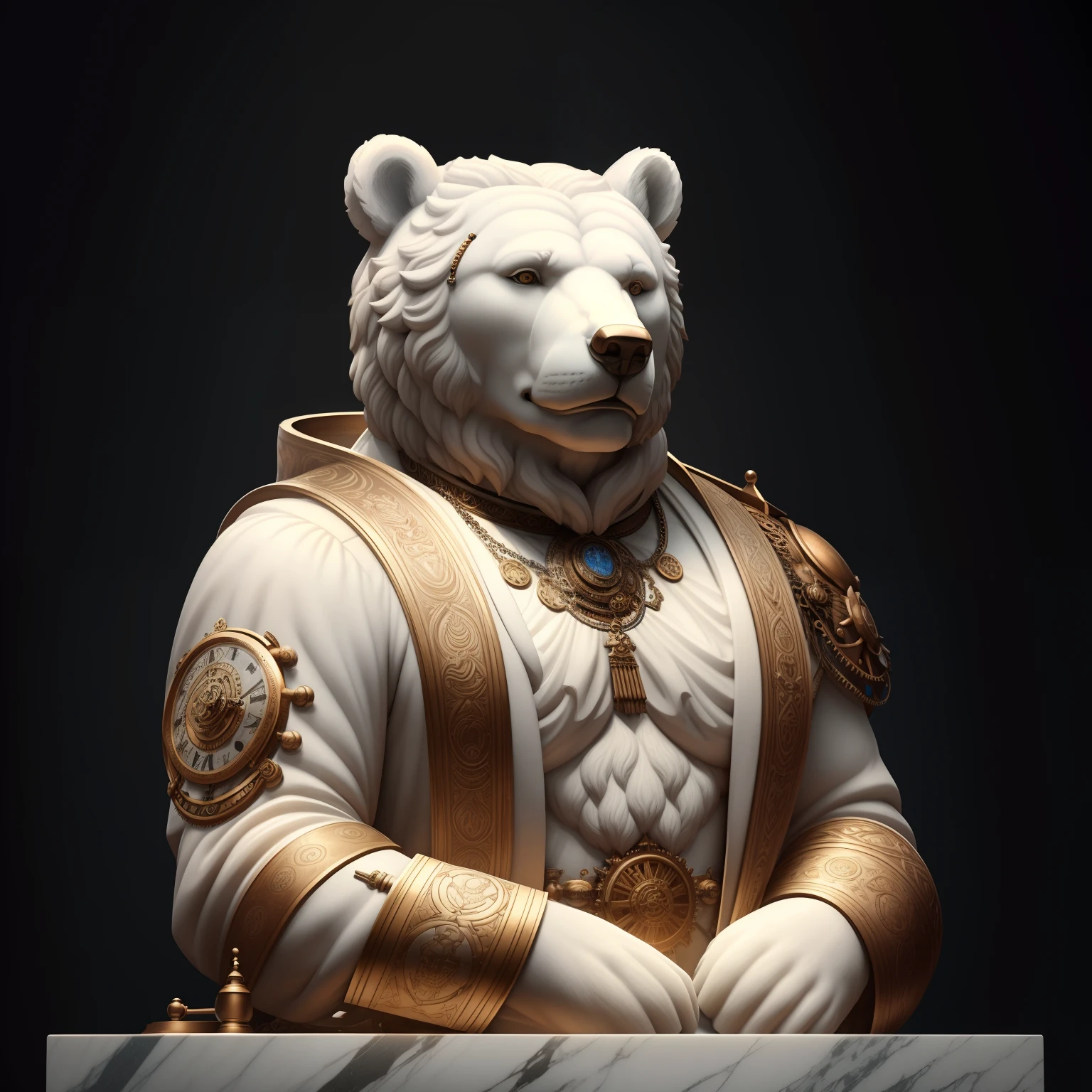 A realistic white marble statue of a carefully detailed steampunk bear wearing a ghostly toga, fundo preto, Moody, fotorrealista, super detalhada, Hiper realista, luzes brilhantes, 8k