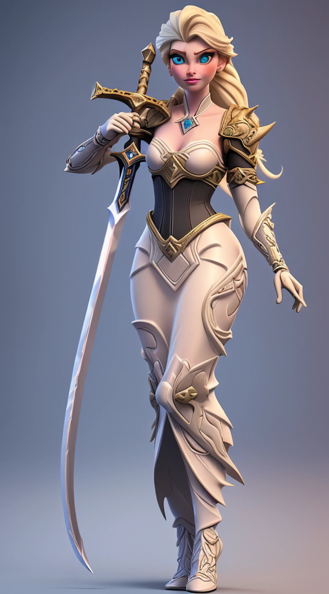 a 3D animation style model shot, fantasy art, of a Elsa from Frozen, a exquisite beautiful Elsa (masterpiece, extremely detailed, best quality), full body (masterpiece, extremely detailed, best quality), CM-Beautiful_armor wearing white heavy armor (masterpiece, extremely detailed, best quality), latex corset (masterpiece, extremely detailed, best quality), blue dress (masterpiece, extremely detailed, best quality) , holding a fantasy long sword fantasysword sword, pale skin, blond hair, long hair, blue eyes color, jewelry, Viking village background (masterpiece, extremely detailed, best quality), best realistic, best details, best quality, 16k, [ultra detailed], masterpiece, best quality, (extremely detailed), ultra wide shot, photorealism, depth of field, 3D animation rendering, zrpgstyle