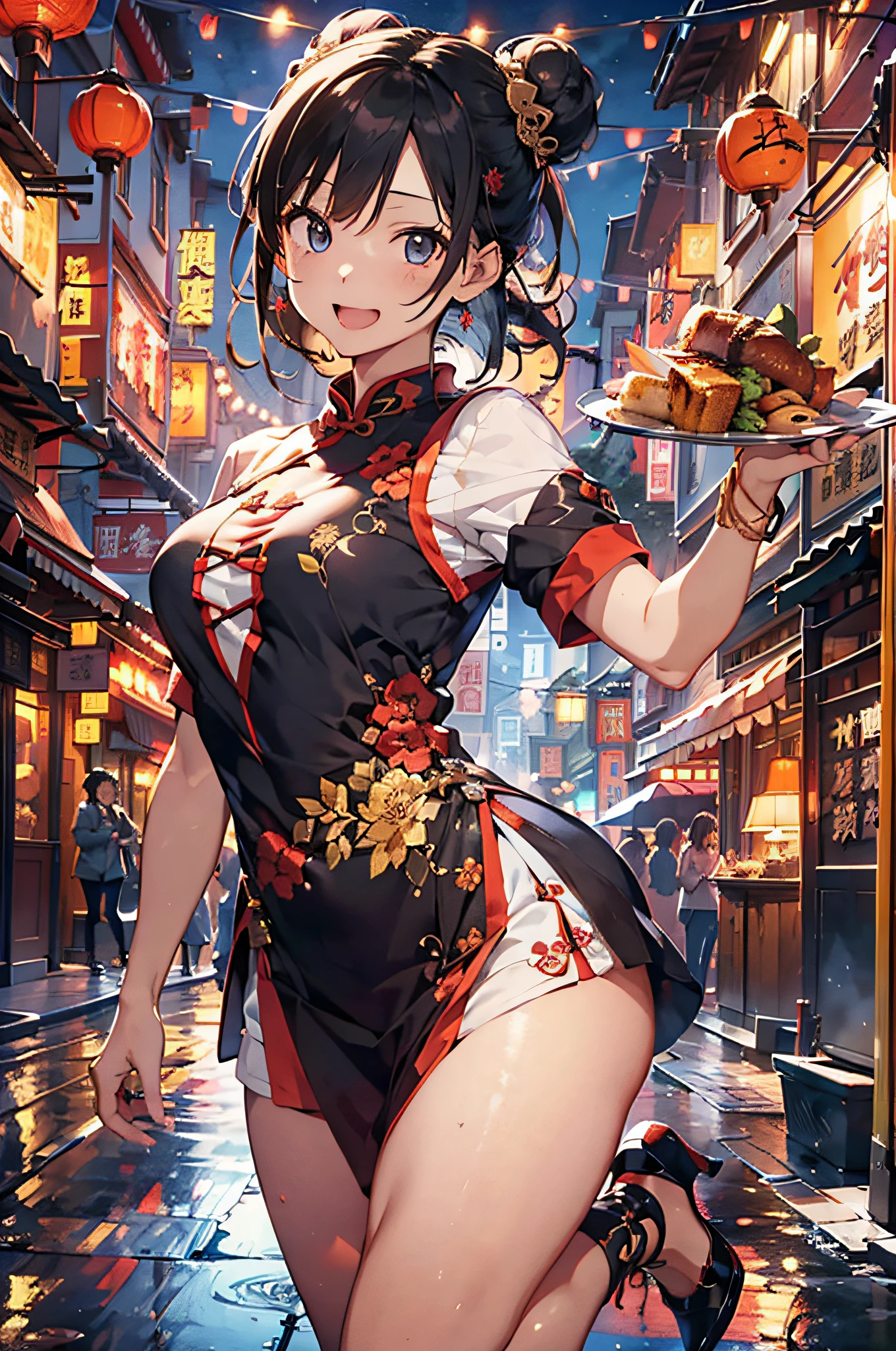 (Official art、Best Quality、Unity 8k Wallpapers、32K、​masterpiece、ultra-detailliert、超A high resolution、realisitic、Photorealsitic:1.2)、(Cinematic lighting:1.2)、Fireglow effect、film grains、Best Shadows、Rim lighting、side lights、sideshot、(Ultra-detailed and complex 3D rendering)、Detailed beautiful face and eyes、A slender、Medium bust、(Full body:1.2)、 Highly detailed background、Chinese Restaurant、Carry dishes、beauitful face、blurry backround、a beauty girl、(super detailed skin、detailed skin textures:1.3)、Black hair、short-hair、Double bun、Blue eyes、Red cheongsam with gold thread embroidery、Wearing high heels、Floral hair ornament、(thighs thighs thighs thighs:0.9)、Smile with open mouth、dynamicposes