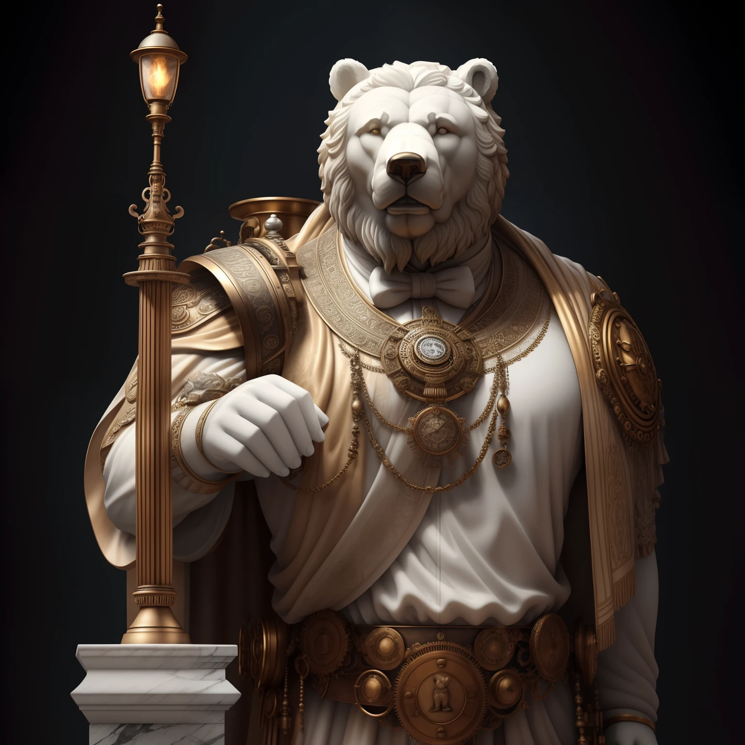 A realistic white marble statue of a carefully detailed steampunk bear wearing a ghostly toga, fundo preto, Moody, fotorrealista, super detalhada, Hiper realista, luzes brilhantes, 8k