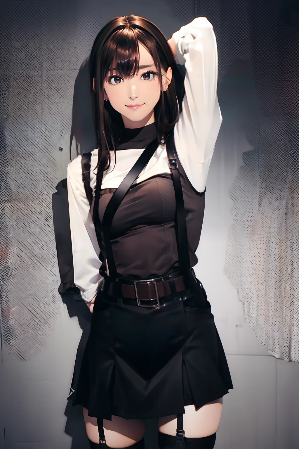 Black skirt, 　suspenders, Brown hair Gray eyes, Garter belt on the legs, Tight clothes, 　　 a belt　Armpit sweat　　Dark look　Moderate 