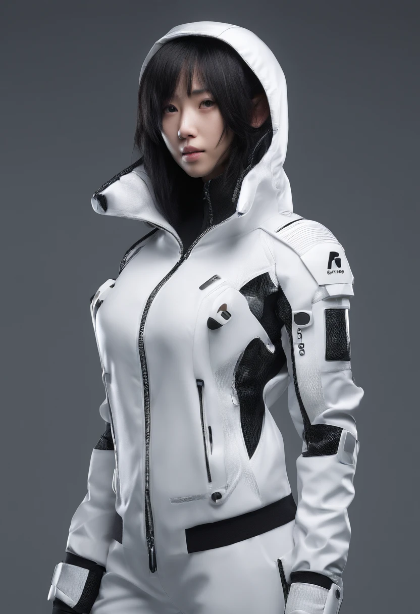 ((of the highest quality, 8K,RAW photo)), (Realistic, Photorealistic: 1.37), (Face focus: 1.1), Small breasts, Flat chest, Long hairs, A Japanese lady、18yr old、Japanese idol system、(White sports storm jacket: 1.1)、Sweatpants trousers standing, Studio lighting,facing at camera