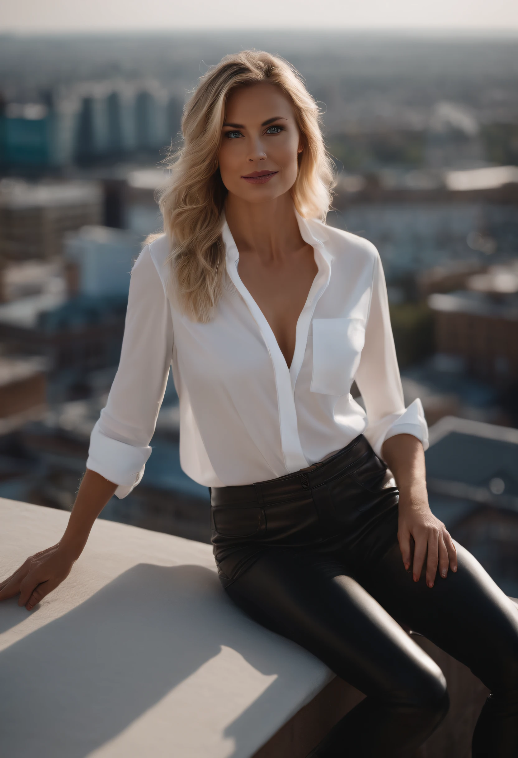 upper body shot of blonde blue eyed woman in a white shirt and black leather pants sitting on a ledge on rooftop, business clothes, panoramic view of city, Raw photo, highly detailed skin ,8K UHD, dslr, soft lighting, high quality, film grain, Fujifilm XT3.