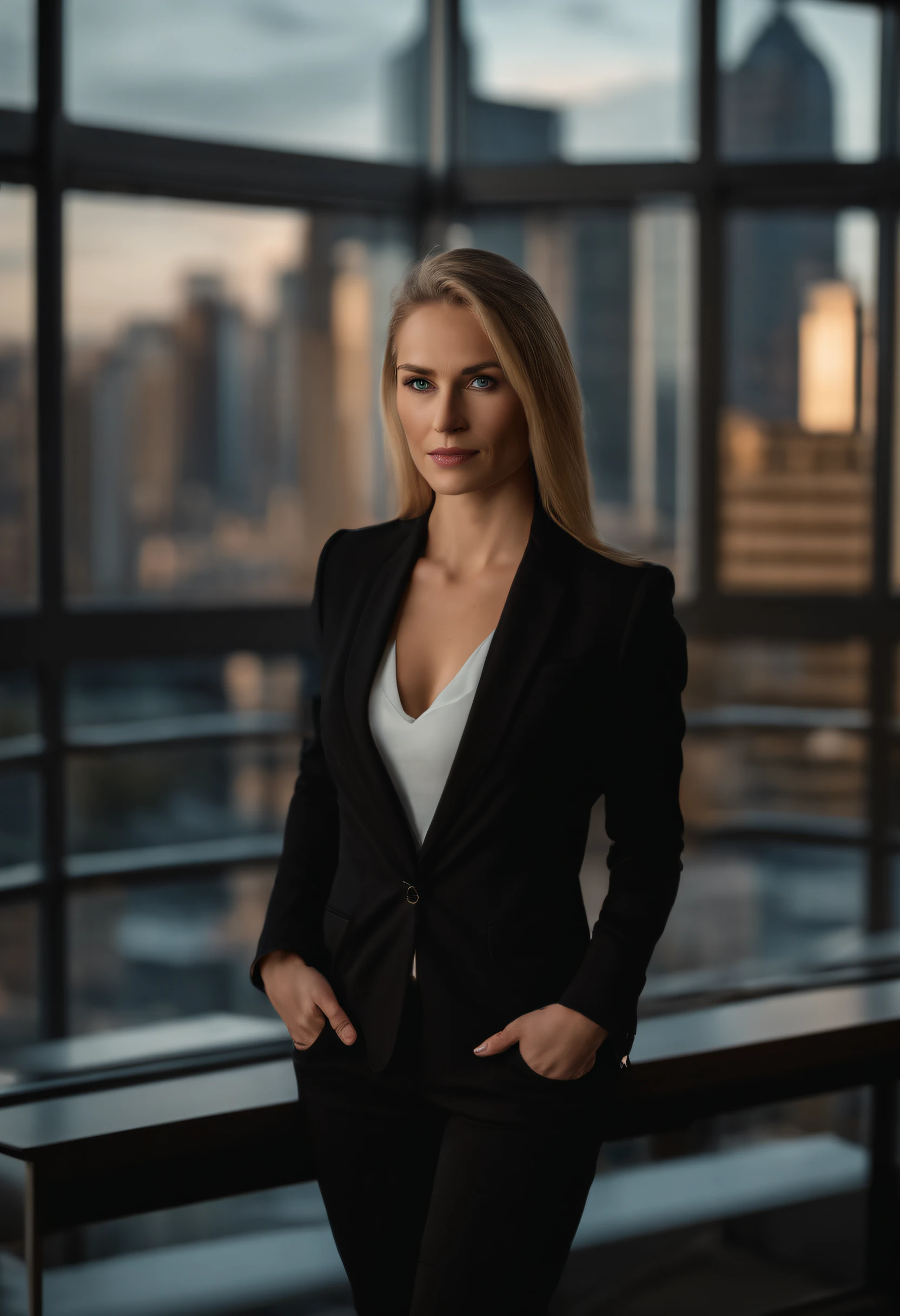 upper body shot of blonde blue eyed woman in a black blazer and black business pants standing in a office, business clothes, panoramic view of city, Raw photo, highly detailed skin ,8K UHD, dslr, soft lighting, high quality, film grain, Fujifilm XT3.