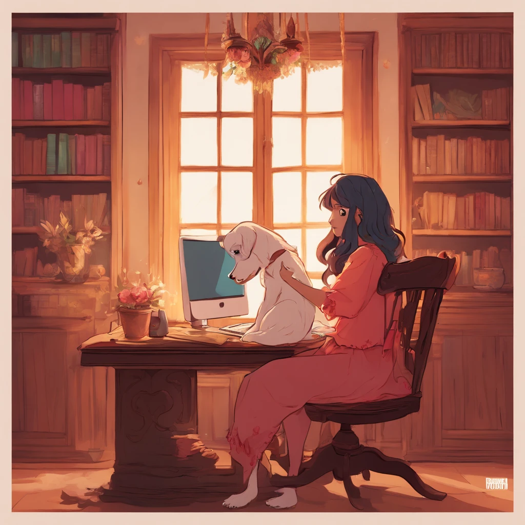 Woman sitting at desk,Holding a laptop and a dog, Digital Art Ilyakbinov, digital anime illustration, artgerm and atey ghailan, Guviz-style artwork, by Atey Ghailan, cyril rolando and goro fujita, digital anime art, procreate illustration, adorable digital art, lofi portrait