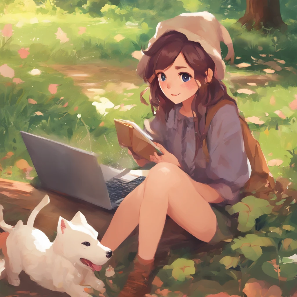 Woman sitting at desk，Holding a laptop and a dog, Digital Art Ilyakbinov, digital anime illustration, artgerm and atey ghailan, Guviz-style artwork, by Atey Ghailan, cyril rolando and goro fujita, digital anime art, procreate illustration, adorable digital art, lofi portrait