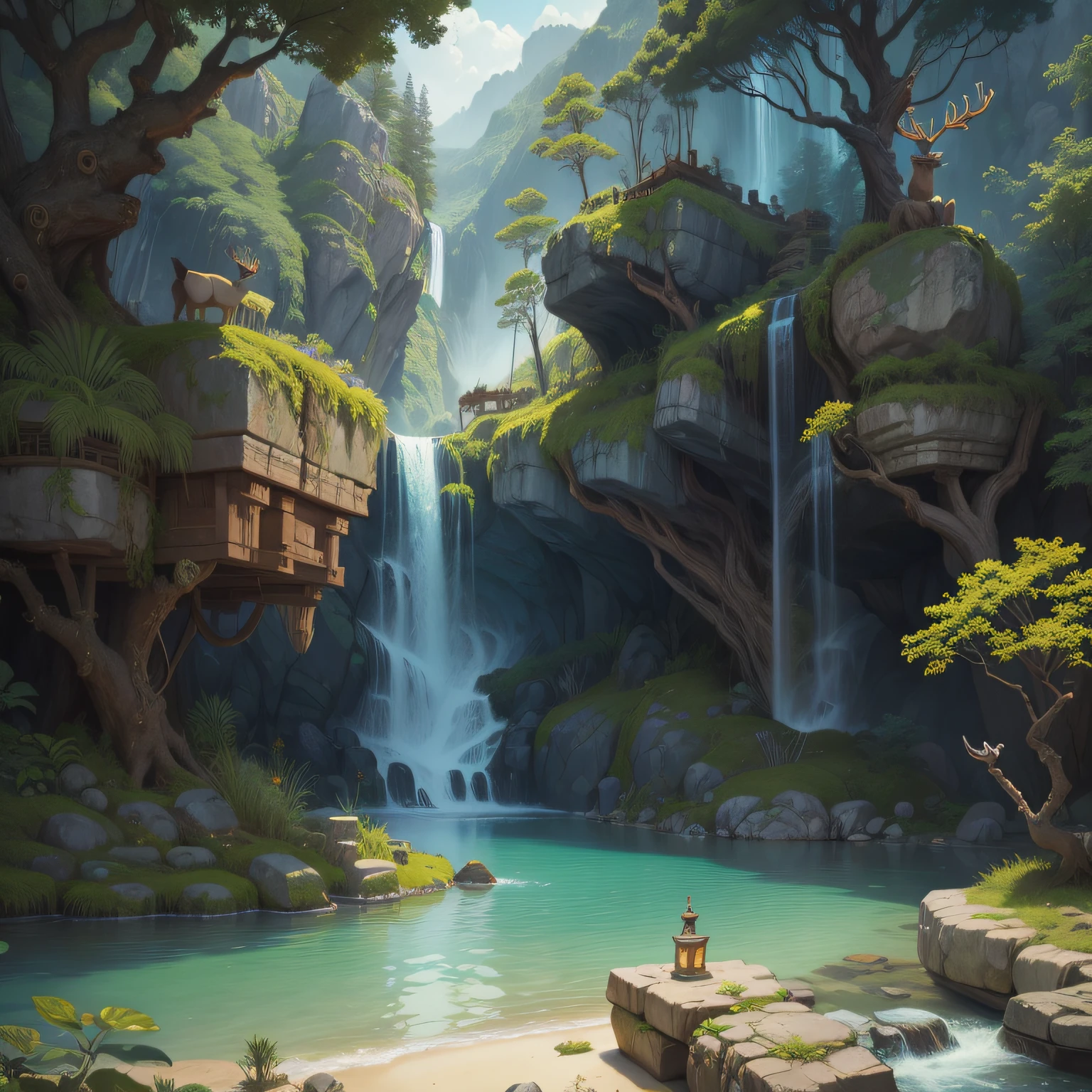 indian ancient times, spring, jungle, lake, cave, waterfall, tree, meadow, rock, deer, hot spring, water vapor, (illustration: 1.0), epic composition, realistic lighting, HD details, masterpiece, best quality, (very detailed CG unified 8k wallpaper)