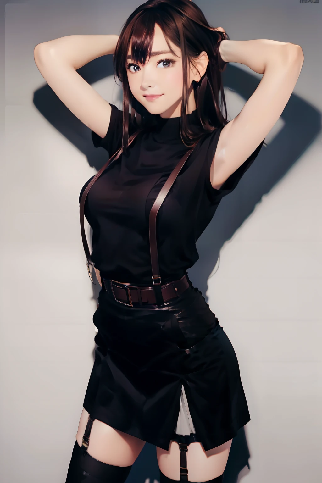 a belt suspenders Black miniskirt neck tie Black tank top Black stockings Brown hair poneyTail Gray eyes holster bobby Garter belt on the legs Brown hair A smile piece Moderate breasts Breast Fold your hands behind your back
