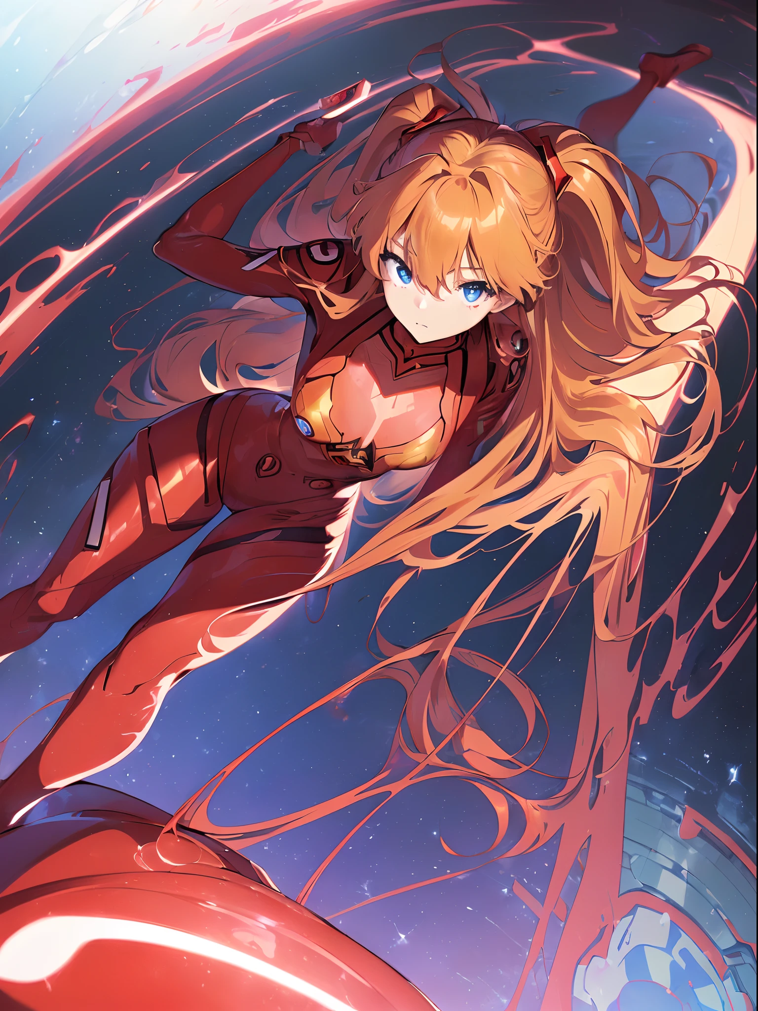 ((souryuu asuka langley, interface headset, red bodysuit:1.4, blonde)),(glowing eyes:1.233),(beautiful and detailed eyes:1.1),(expressionless,closed mouth),(standing), 1girl,solo,(masterpiece,best quality, official art,aim to viewers, beautiful and aesthetic:1.2),(ultra high res,spiral, golden ratio, (4k), see from above,((above the earth)),floating, (photon mapping, radiosity, physically-based rendering,automatic white balance),,Amazing,sharp focus,rich background, (((high detailed skin,)))dynamic lighting,intricate detailed outfit,glowing eyes,watery eyes,(masterpiece sidelighting),(bishoujo,lustrous),[[delicate fingers and hands:0.55]::0.85],(detail fingers),((((SLR camera lens reflected in the eyes,Ultra Photographic Quality,ultra wide angles)))),((incredibly absurdres)),micro shot,((extremely_detailed_eyes_and_face)),(disheveled hair),FilmGirl